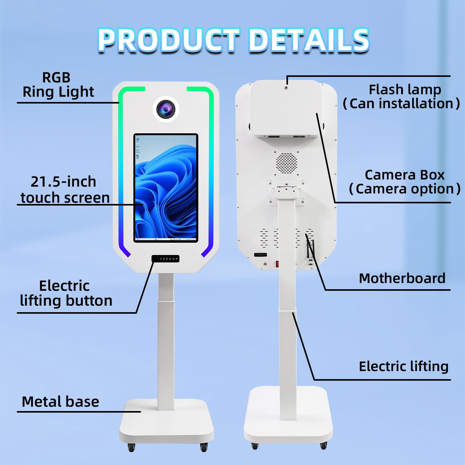 Appareil Photo Reflex numérique, Cabine Photo à Selfie pour fête, Levage électrique avec 4 Mode d'économie de mémoire, Cabine Photo à écran Tactile de 21,5" (White, Photobooth Full Set)