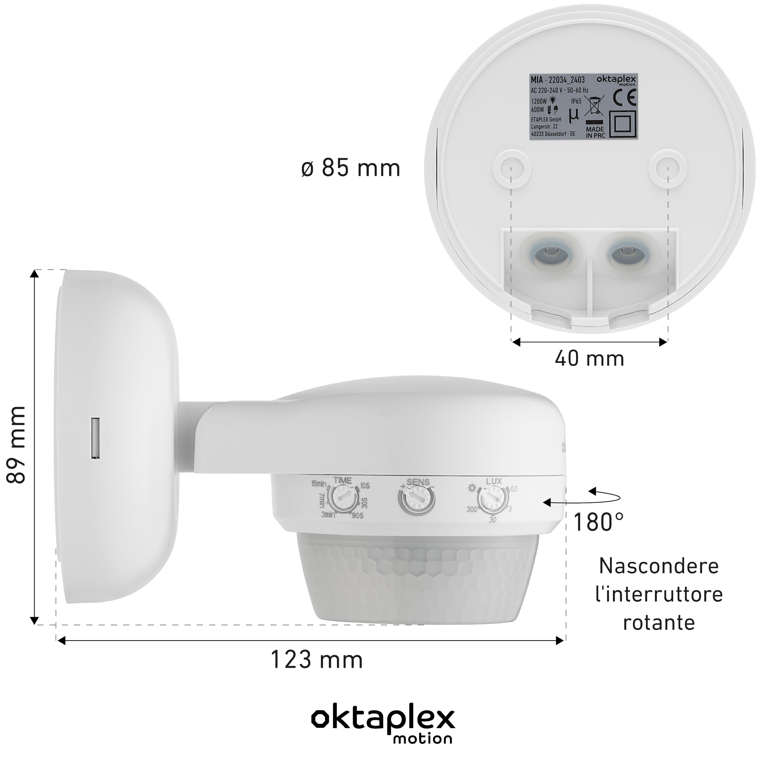Oktaplex Mia set da 2 sensori di movimento Bianco 10 m orientabile | Sensore a infrarossi IP65 da 360 gradi 10 m da esterno 230 V