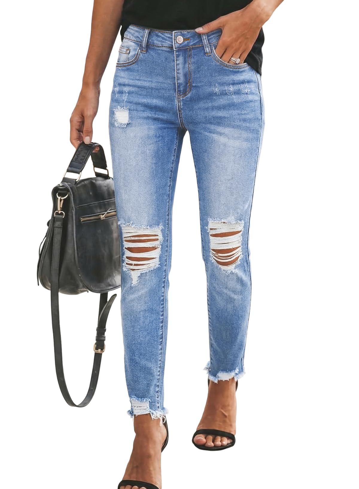 Sidefeel Women's Boyfriend Jeans Stretchy Ripped Distressed Zimbaplatinum Denim Pants