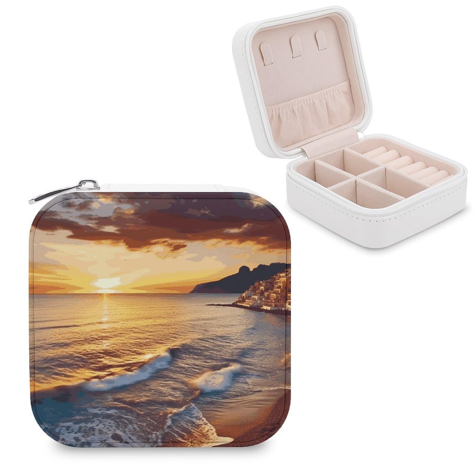 MUSM Seaside Sunset Travel Jewelry Case Personalized PU Leather Jewelry Boxes for Women Small Portable Jewelry Organizer Box Cute Trinket Box for Necklaces Rings Earrings & Gifts