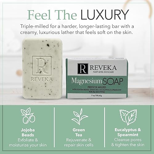 Miniatura 4 de Reveka Skincare Jabón de magnesio  Barra natural 4 en 1 para cara, cuerpo y cabello  Triple molido con té verde, menta verde y eucalipto  Hecho en