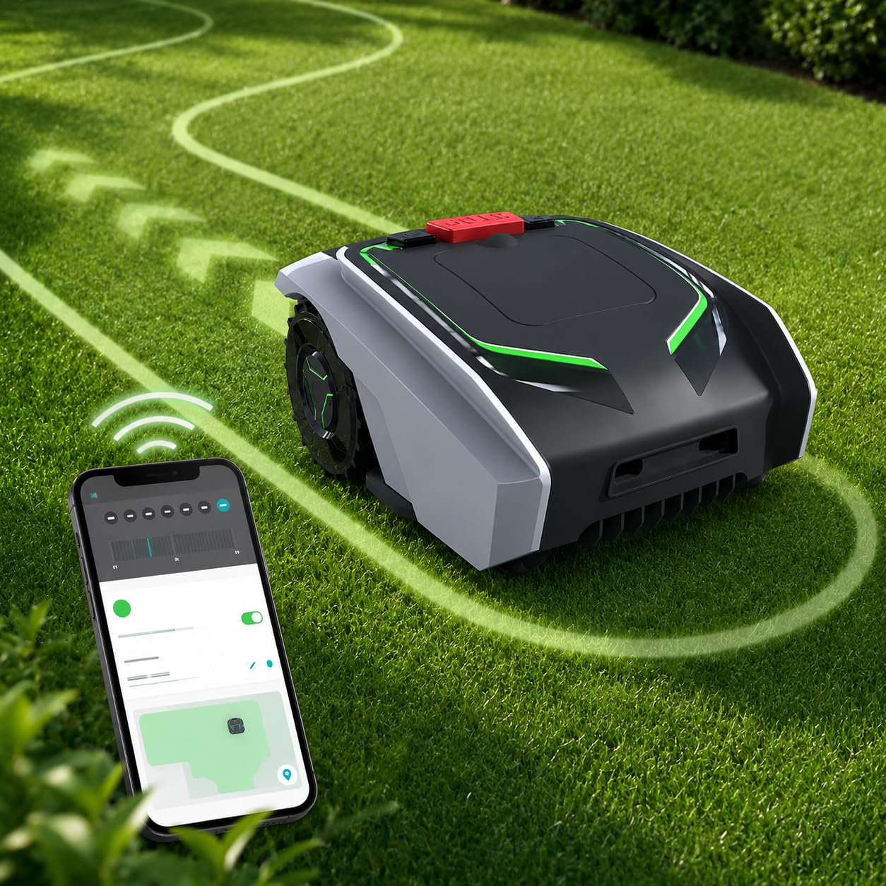 Cortacésped robótico, cortacésped automático con navegación inteligente, funcionamiento silencioso y compatibilidad con pendiente para césped grande