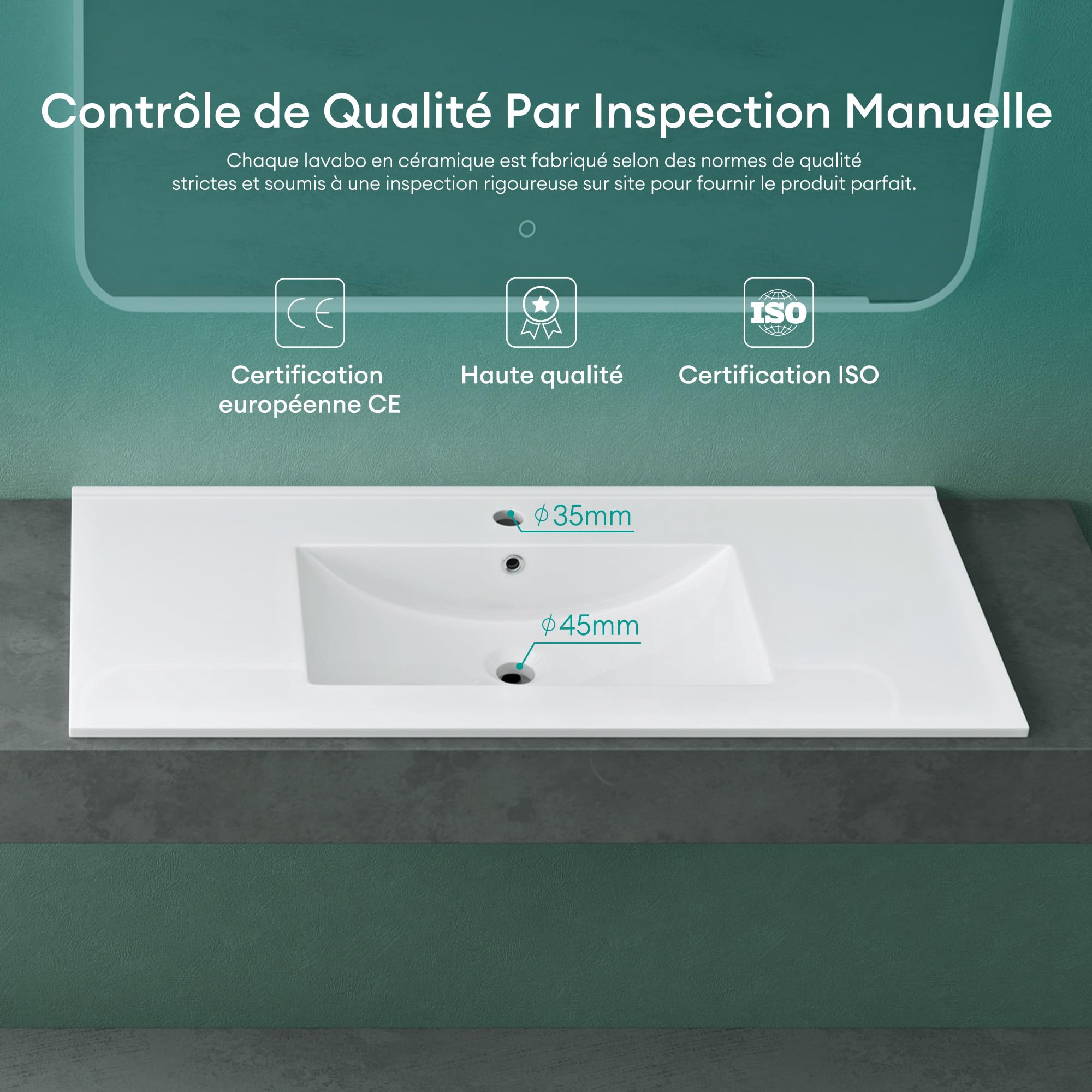 Mai & Mai Lavabo Encastré en Céramique 80cm Blanc Lave Mains Rectangulaire avec Perçage de Robinet et Trop-Plein 81x47x18cm BR912