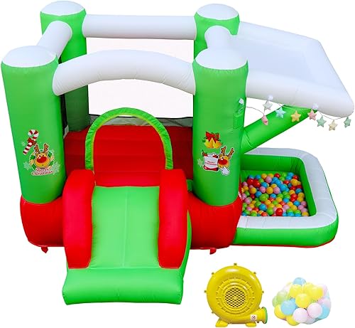 WELLFUNTIME Casa inflable de la despedida con tobogán, castillo de salto con soplador y piscina de pozo, luz de Navidad