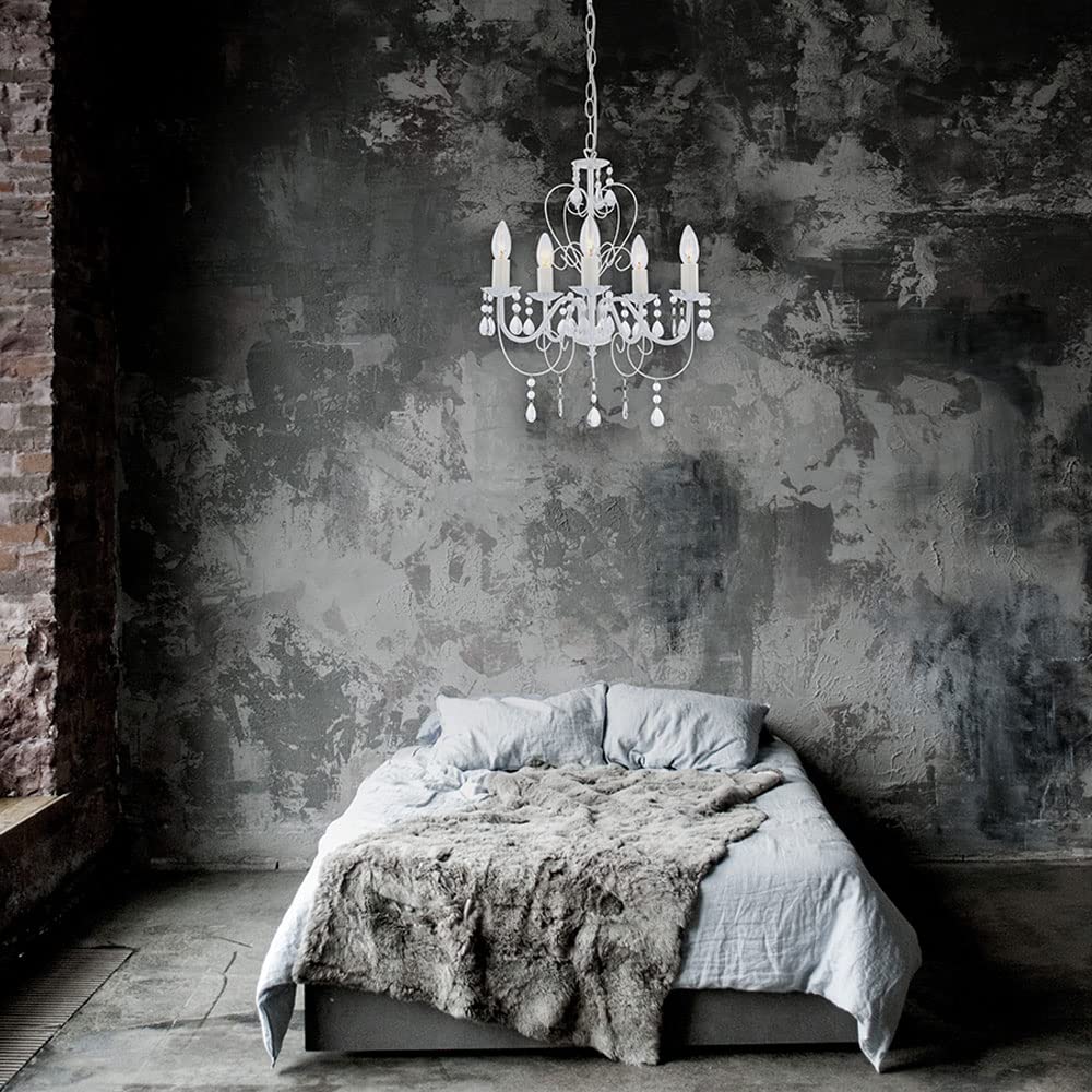 Pendelleuchte weiß Kristall Lampe Kronleuchter Wohnzimmerleuchte Deckenleuchte Hängelampe, 5-flammig hängend, 5x E14, DxH 44x129 cm