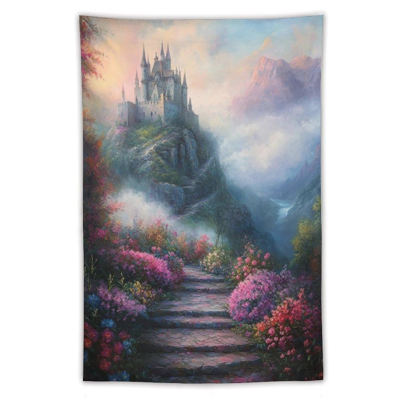 Magical Mountain Castle Stairway Tapestry Wall Hanging Fantasy Cliff Valley Landscape Art For Living Room Bedroom Dorm Apartment Fairycore Boho Adventure Decor40 x60 Tapestry