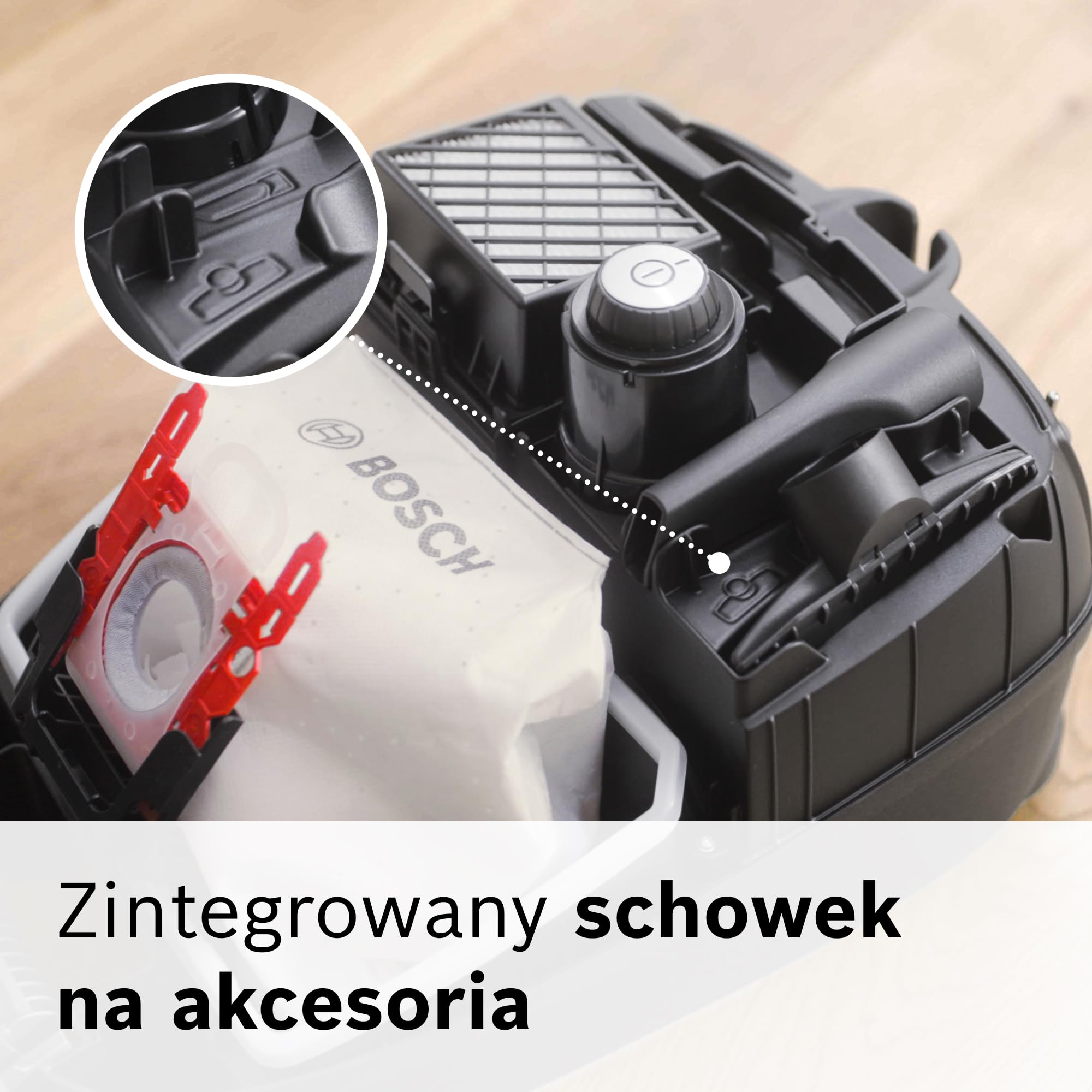 Bosch Serie 4 Odkurzacz Workowy, Promień Działania 11 m, Pojemność Worka XL, Ssawka do Tapicerki, Ssawka Szczelinowa, Zintegrowany Schowek na Akcesoria, Biały, BGB41WH1 | Odkurzacz z workiem XL, szczotka do tkanin i szczelin, zmywalny filtr, wyprodukowano