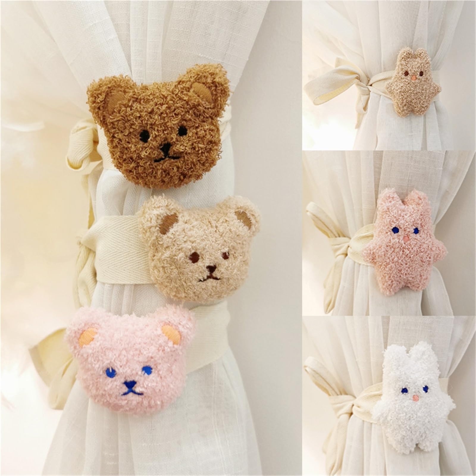4PCS Vorhang Raffhalter Plüsch Stickerei Bär Kaninchen Bindung Strap Baumwolle Krawatte Seil Hause Kidroom Dekor Schnalle für Gardinen Vorhänge(Color 1)