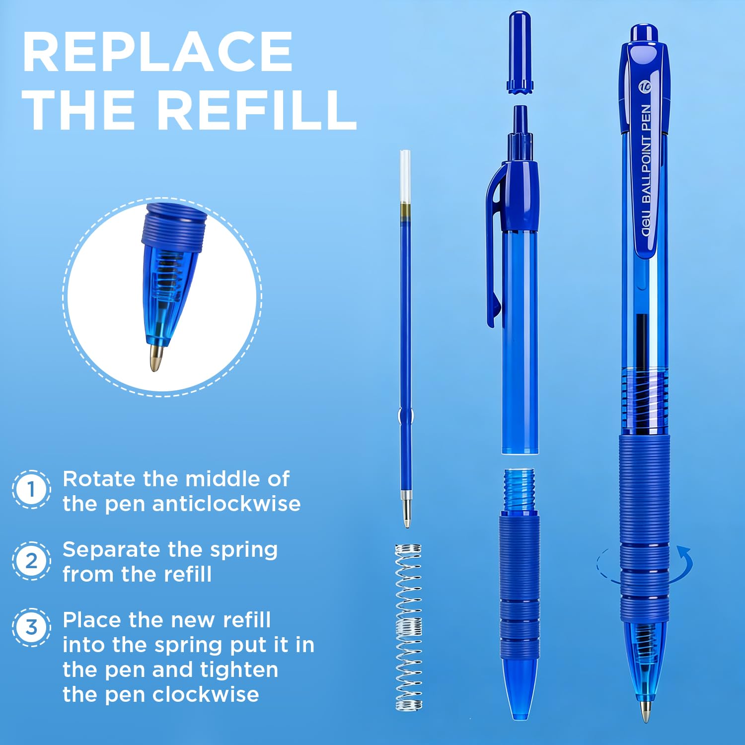 deli Pens Bulk 50 Pack Ballpoint Pens Blue Ink 1 0MM Medium Point Smooth Writing Retractable Pen with — view 4