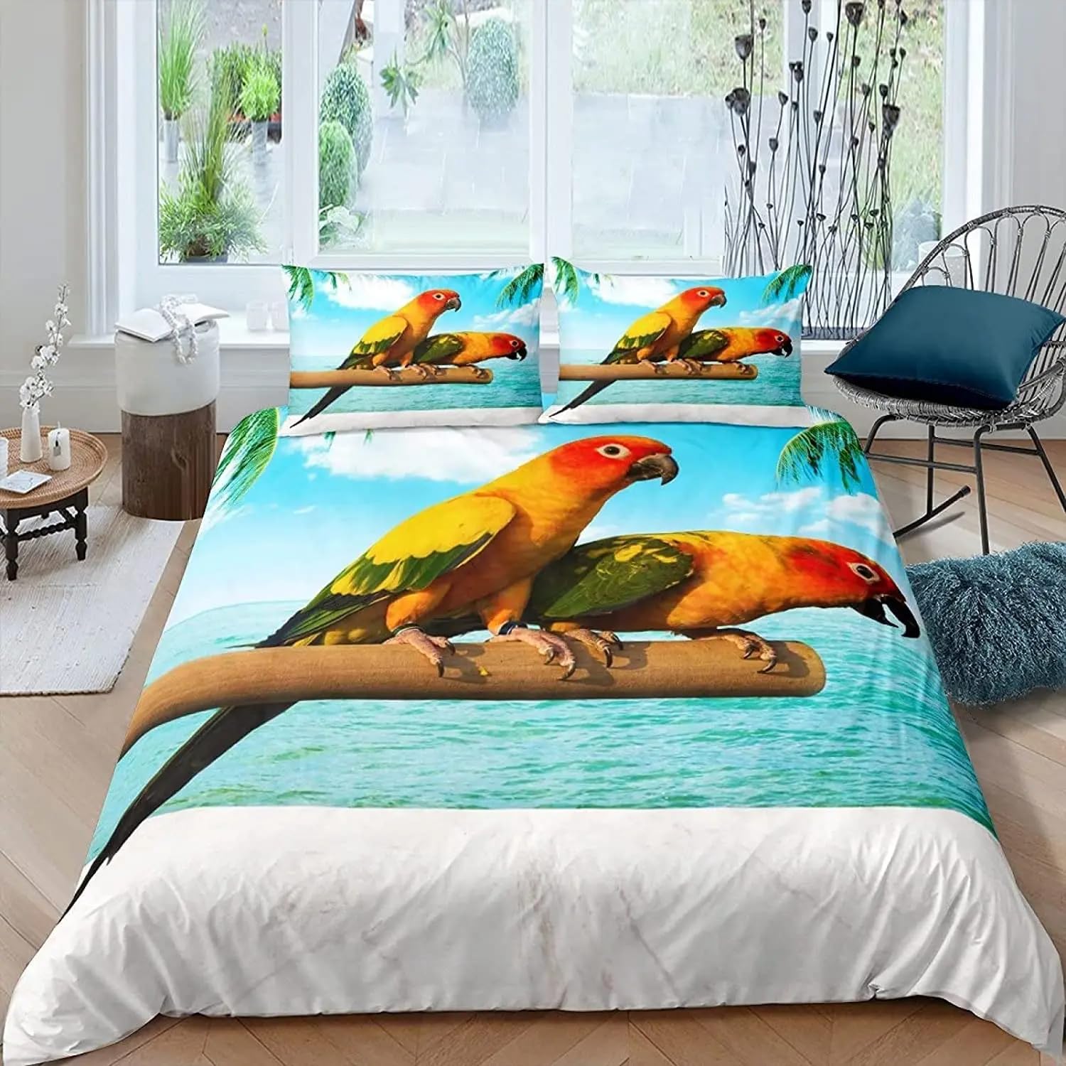 QBIDCSX Bedding Sets Single Colourful parrots Bedding Sets Single Koala Duvet Cover 200x200cm with Zipper Closure, Hypoallergenic Quilt Cover with 2 Pillowcase for Boys Kids Girls