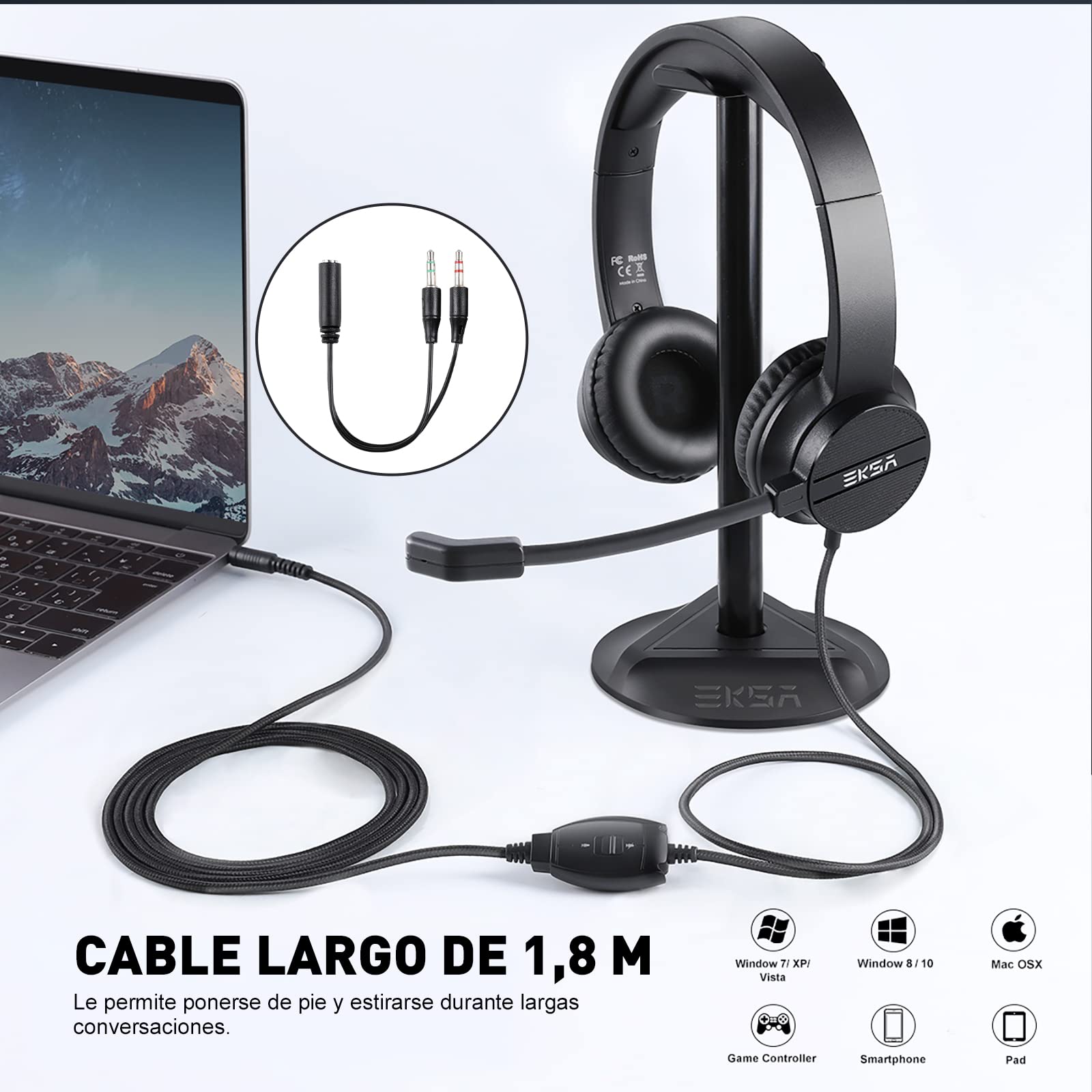 EKSA H12 PC Auriculares con Cable 3.5mm, Cascos con Microfono y Supresión de Ruido, Control de Silencio y Volumen, Sonido Estéreo, Portátil,Wired Headset Pare PC/Mac, Oficina, Call Center, Skype