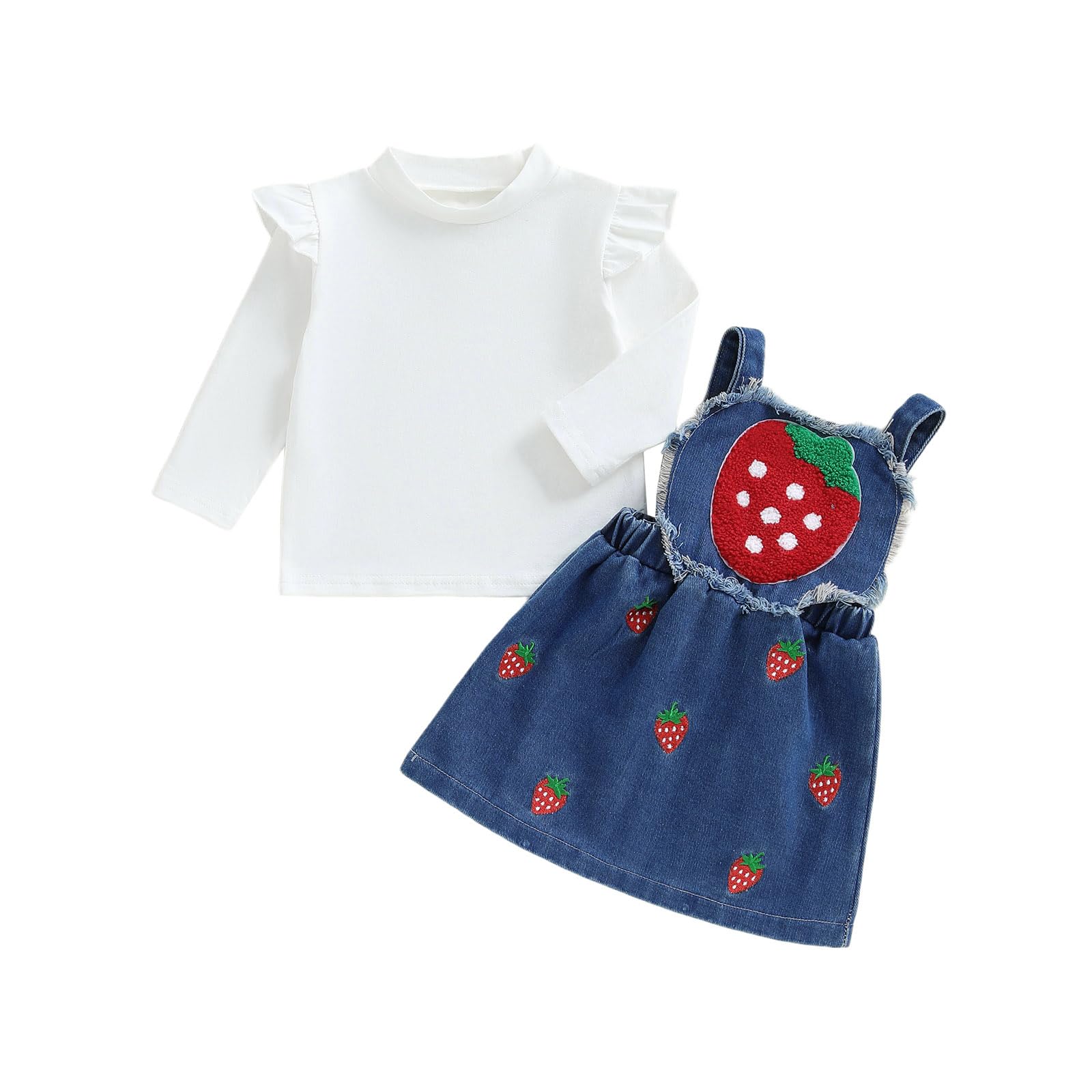 Gureui Toddler Baby Girl Suspender Skirt Ruffle Sweatshirt Strawberry Jeans Dress Fall Winter Outfit