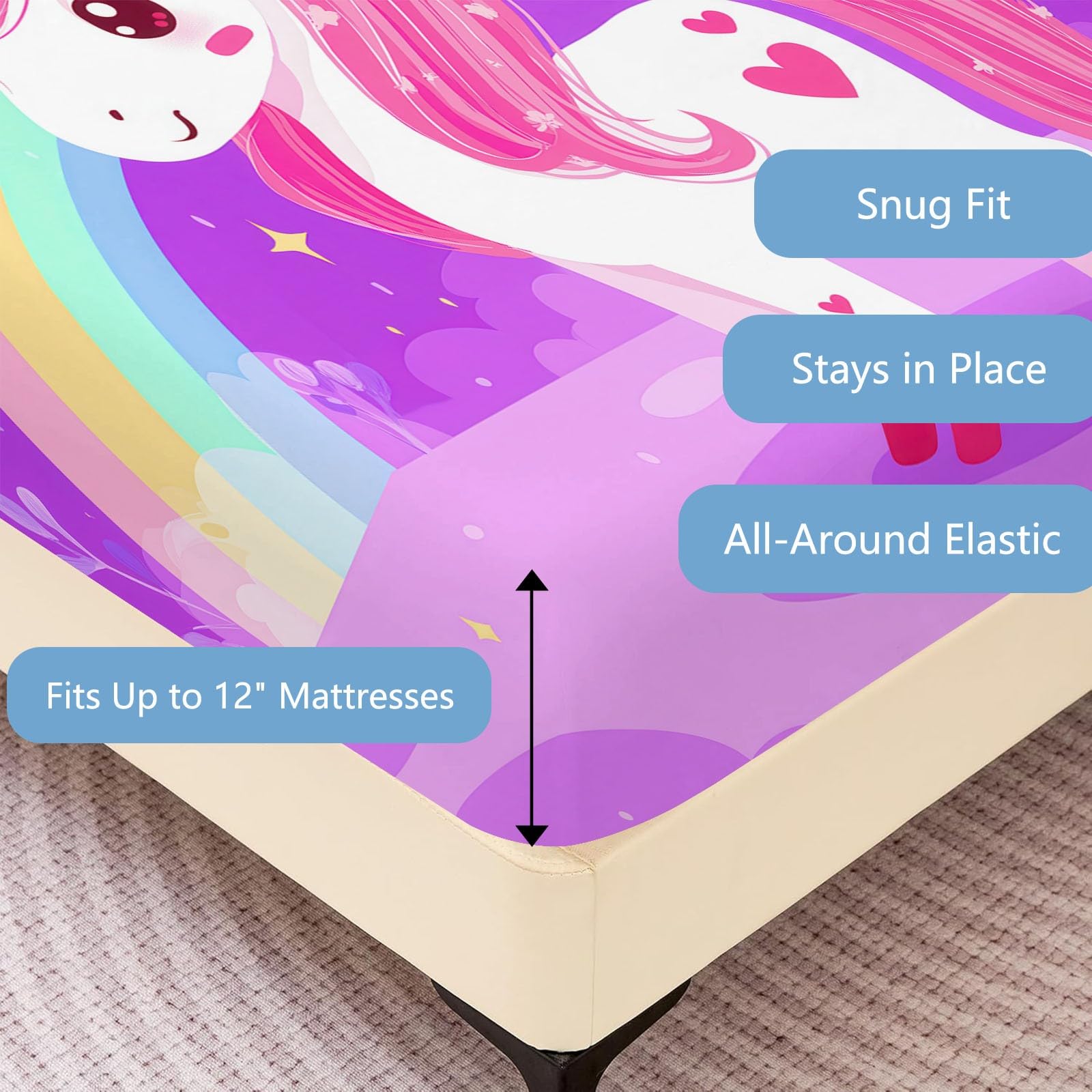 Juego de 3 sábanas bajeras ajustables de 160 x 200 cm para cama juvenil, de dibujos animados, de microfibra transpirable, sábana bajera con diseño de unicornio, arco iris y 2 fundas de almohada con
