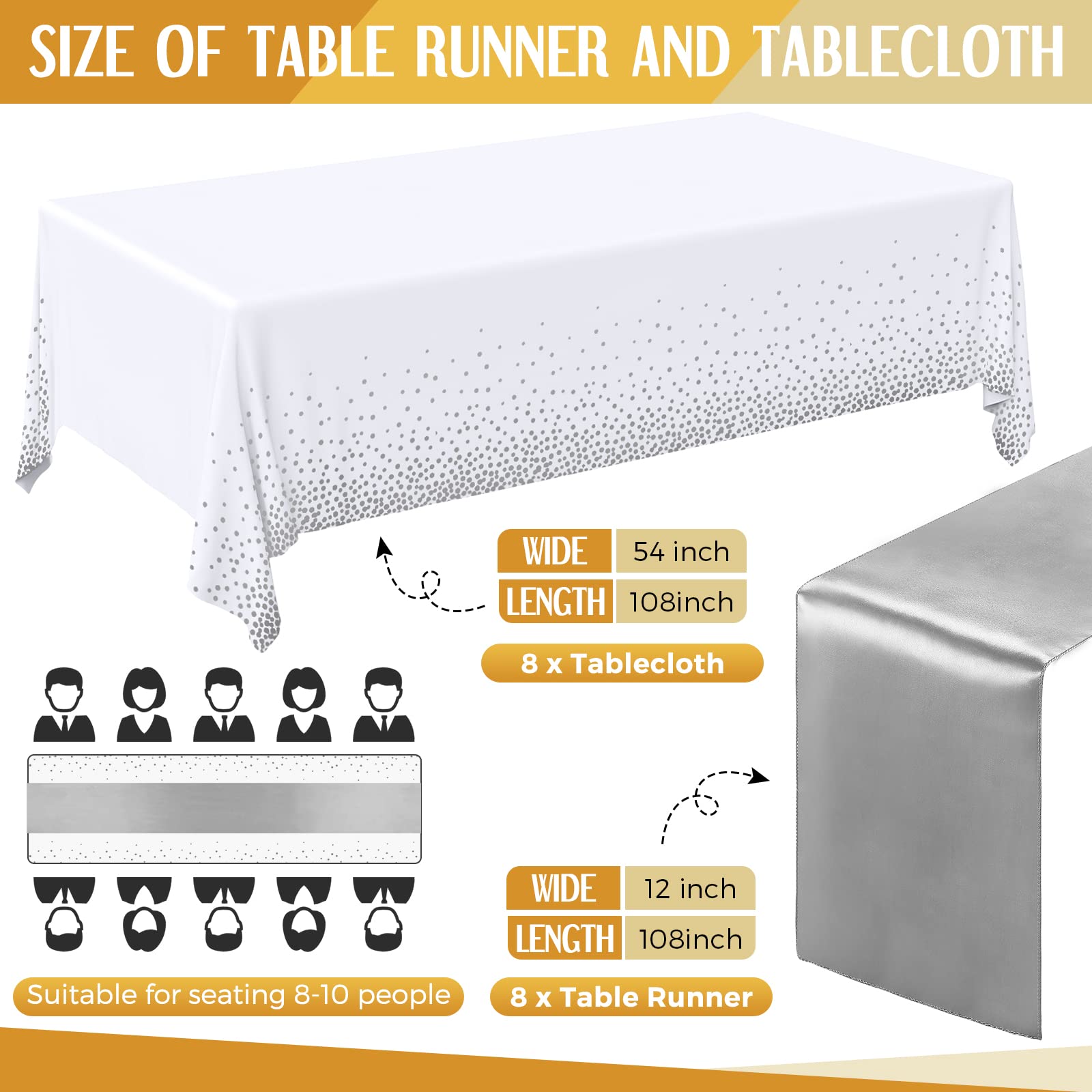 Tudomro 16 manteles desechables de plástico rectangular de 54 x 108 pulgadas con camino de mesa de satén de 12 x 108 pulgadas para decoración de bodas, fiestas de cumpleaños (plateado y blanco)