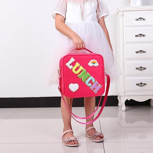 Miniatura 6 de Lonchera personalizada con parches de letras coloridas aisladas, con purpurina, letras universitarias reutilizables para niños (rosa rosa)