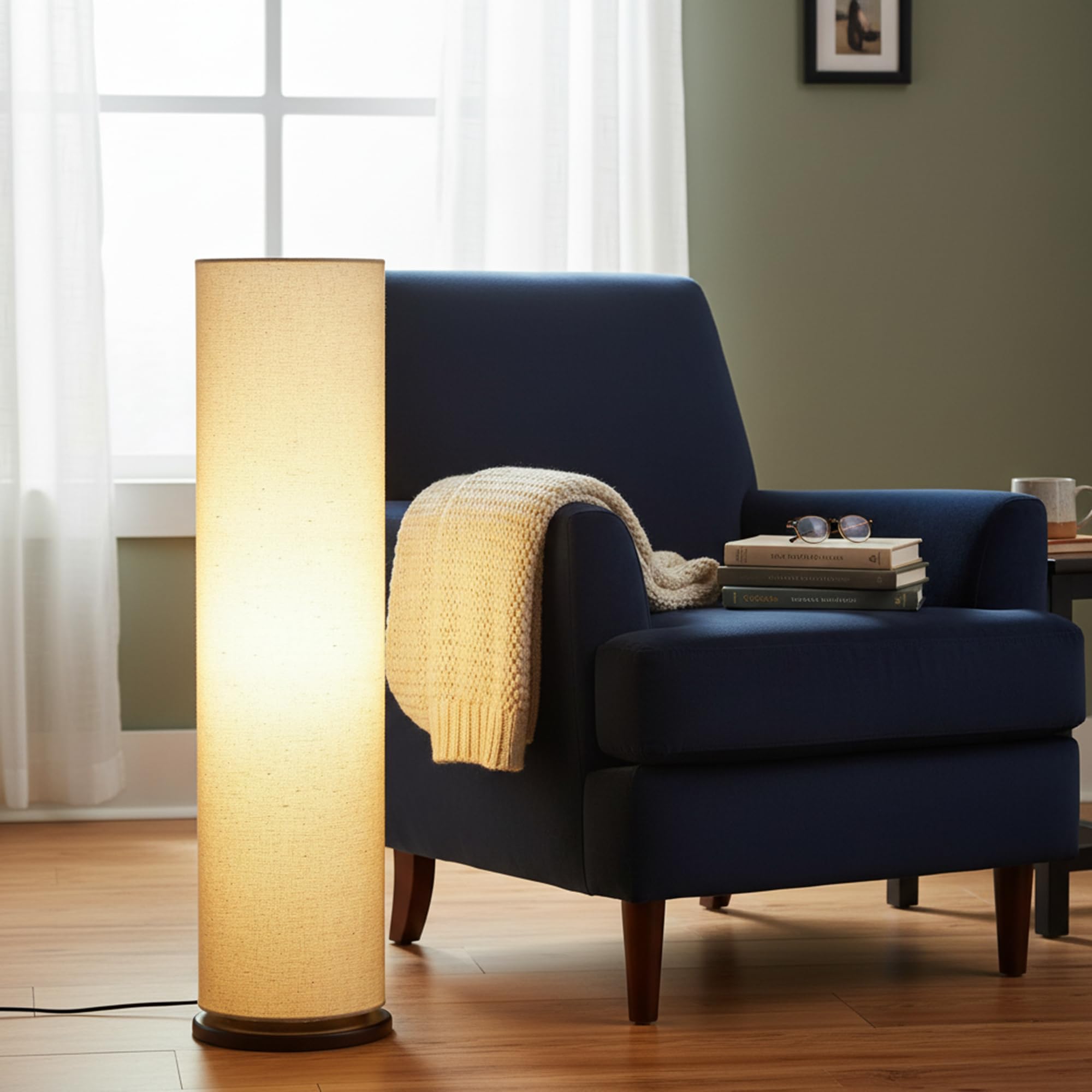 Tall Wooden Cylinder Floor Lamp with Fabric Shade, Warm Ambient Lighting, Wooden Base, for Living Room and Bedroom (Beige)-image-24