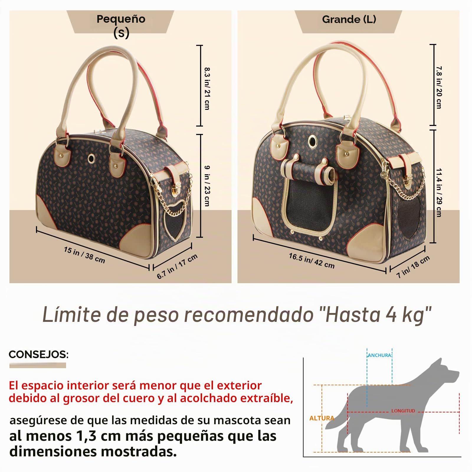Bolso de Mano para Perros de Piel sintética de Moda, Bolso de Mano para Perro, Gato, Bolso de Senderismo, marrón, pequeño 38 x 23 x 17 cm