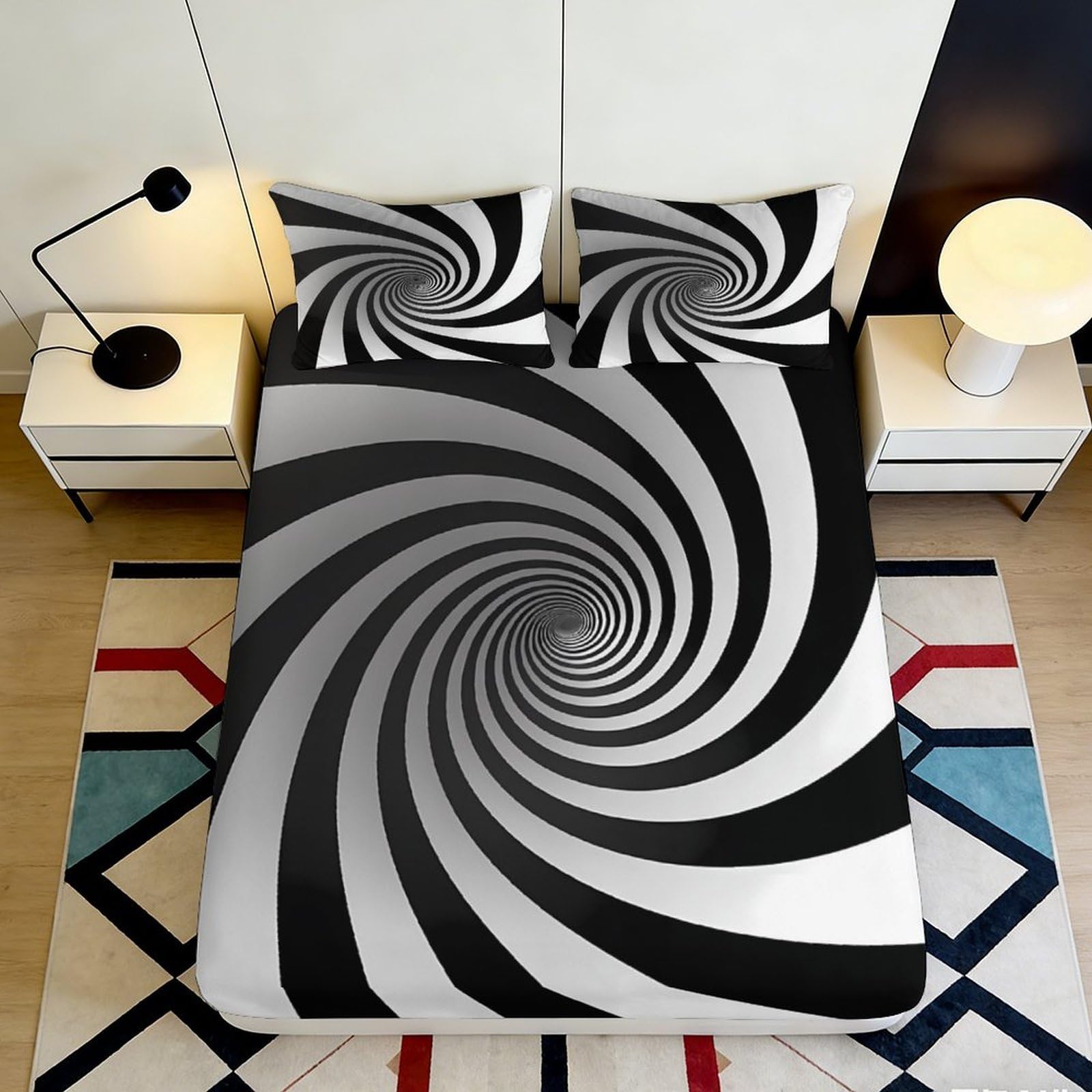 3D Printed Hypnotic Spiral Fitted Sheet Microfiber Soft Anti-Slip Swirl Mattress Cover for Bedroom Guest Room Decor 90x200x25cm
