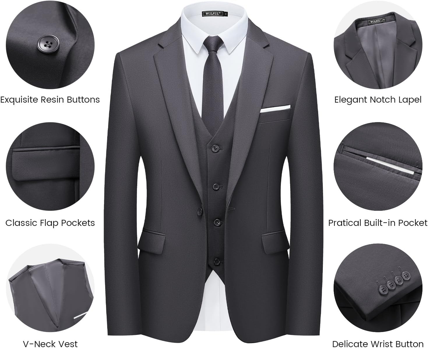 WULFUL Men’s Slim Fit Suit One Button 3-Piece Blazer Dress Business Wedding... - Picture 23 of 257