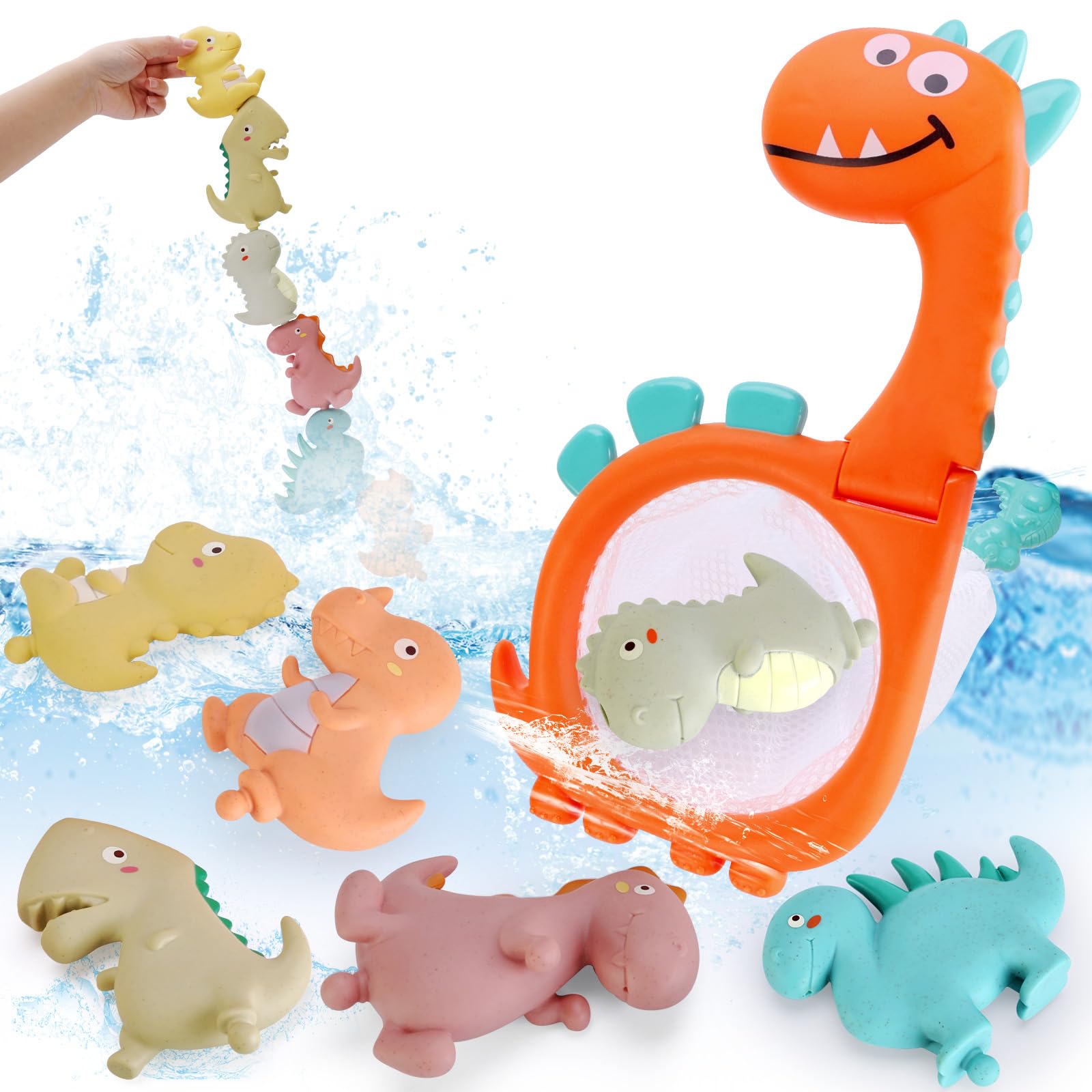 VBACALA Juegos para el baño del bebé,3 en 1Juegos para el baño del bebé Antimoho Dinosaurio Red de pesca+Bastidor+Almacenamiento,6 Grano suave Dinosaurios de goma diseño en tándem para niños de 3 años
