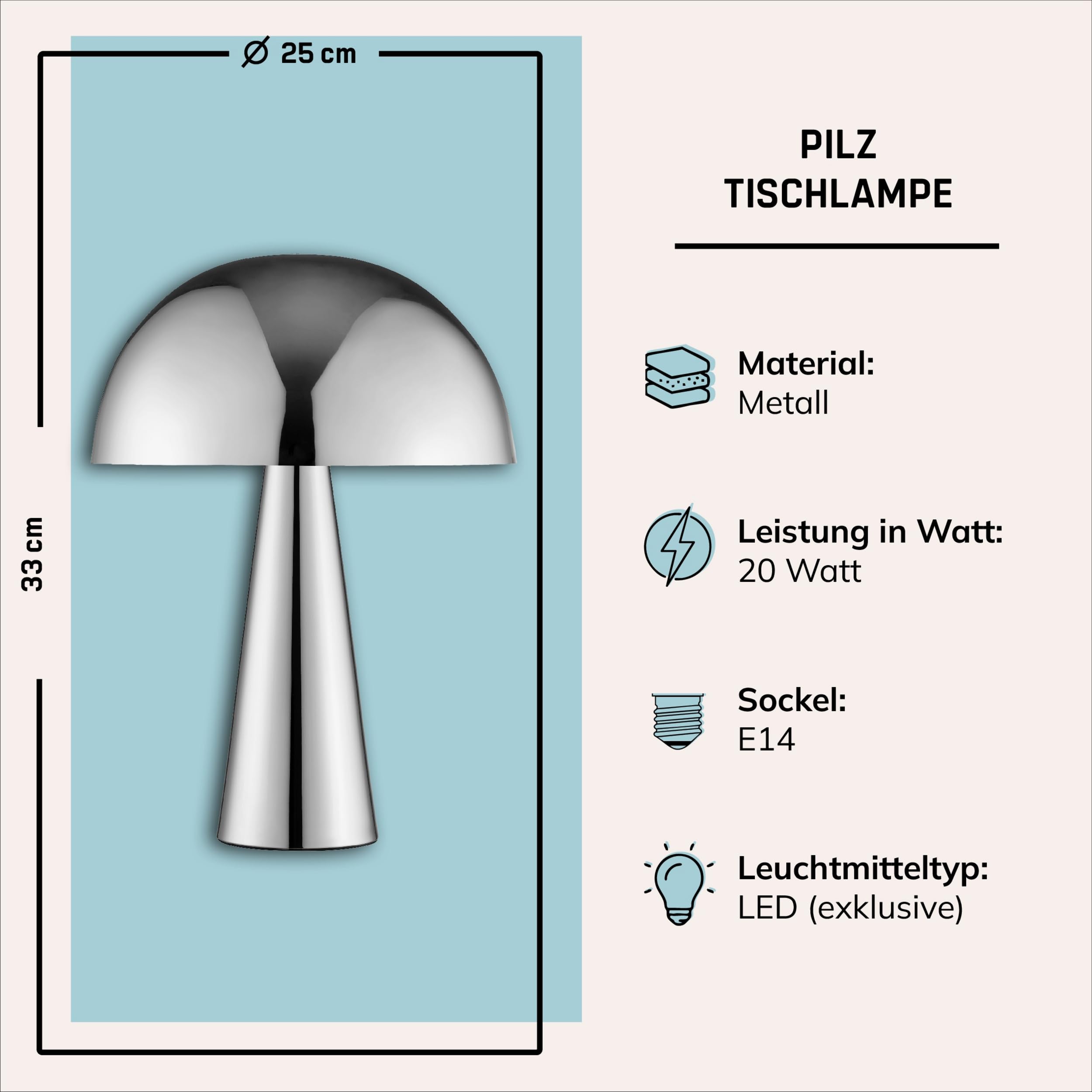 Lightbox Pilz Tischleuchte, Ø 25 cm, Höhe 33 cm, geeignet für LED, E14-Fassung, Metall, chromfarben, Schalter am Kabel, moderne Glamour-Leuchte für Wohnzimmer, Schlafzimmer oder Sideboard