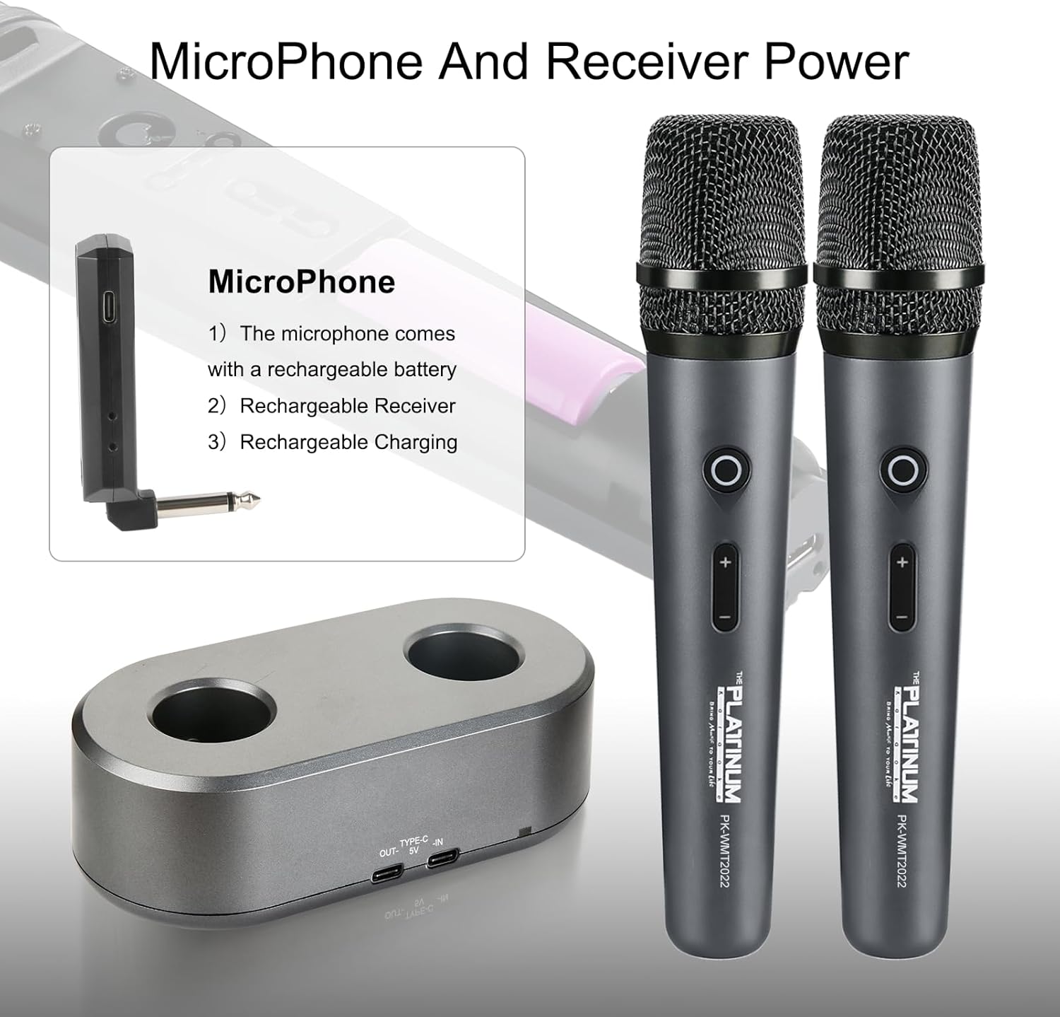 The Platinum Wireless Microphone for mic Input UHF Metal Dynamic Handheld Multipurpose mic with Base and Rechargeable Receiver 160ft Range Suitable for Karaoke Machine/Amplifier Speake/Mixer - Image 2