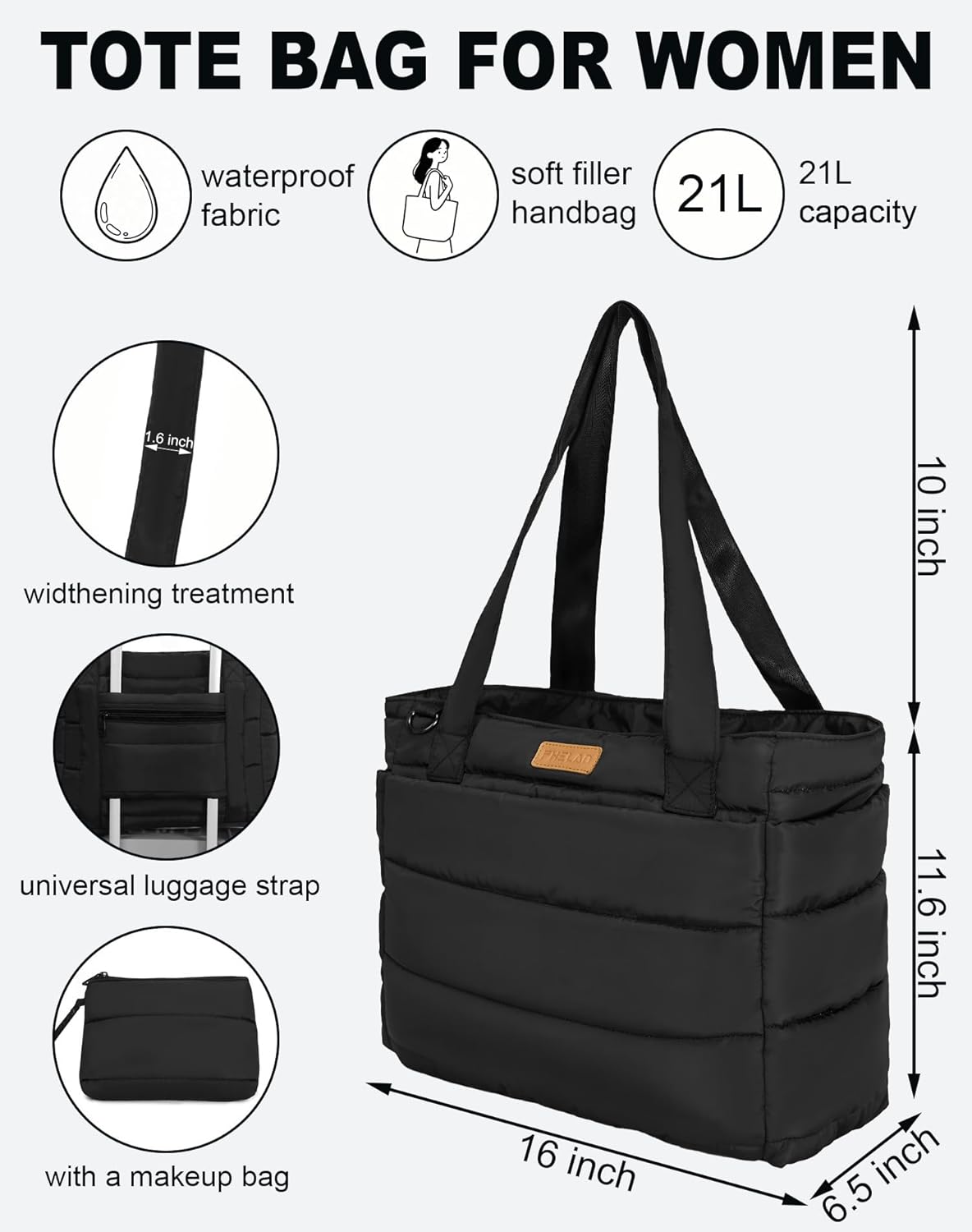 Quilted Puffer Tote Bag for Women, 21L Work Hobo Tote, Lightweight Travel Shoulder Bag for Nurses/Commuters | 16" Laptop Sleeve, Foldable Design, Cup Holder Pocket, Daily Carry On Bags - Image 6