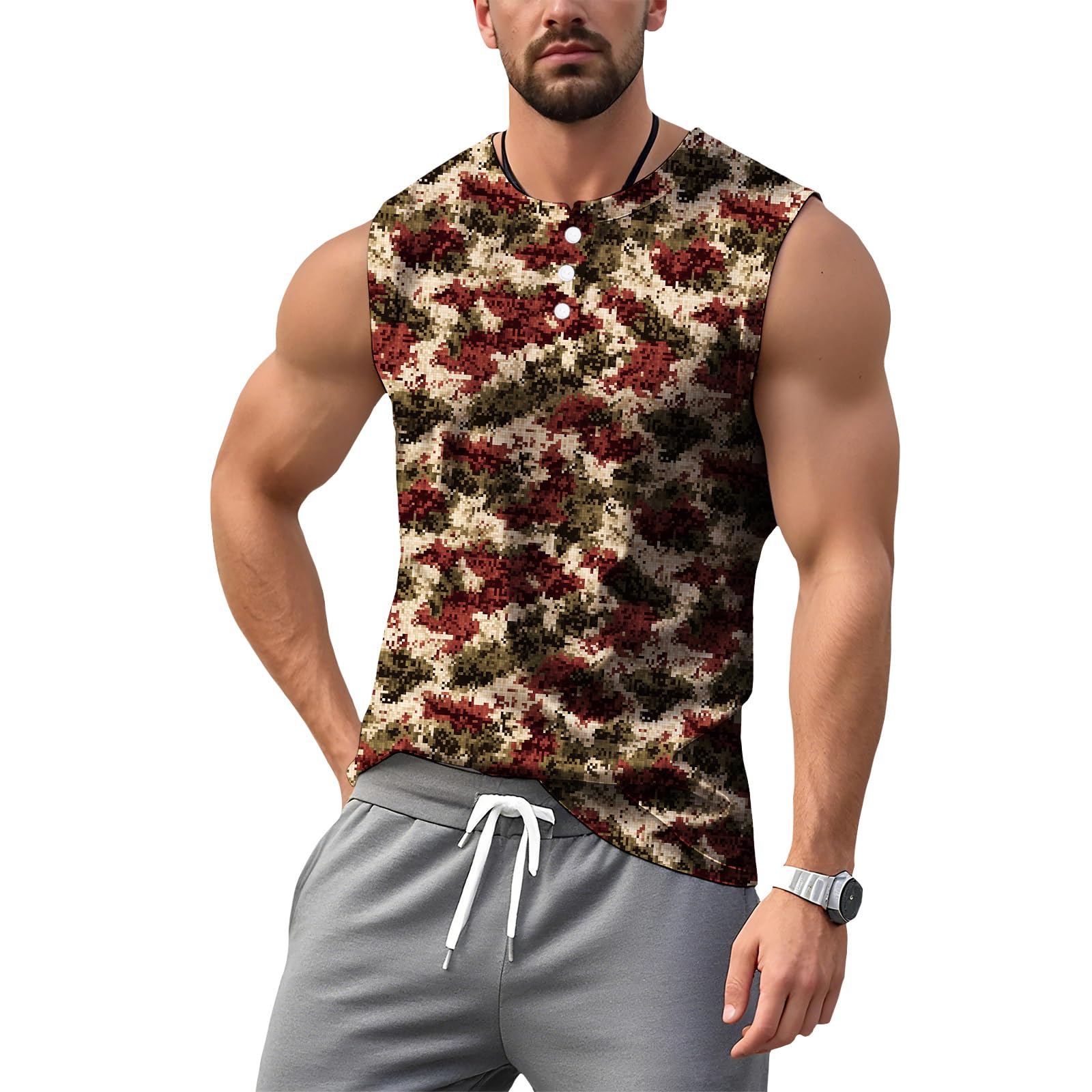 Mens Camo Sleeveless Henley Shirt Gym Outdoor Tank Top Summer Cool Graphic Print T-Shirt Comfy Casual Tees Clothing