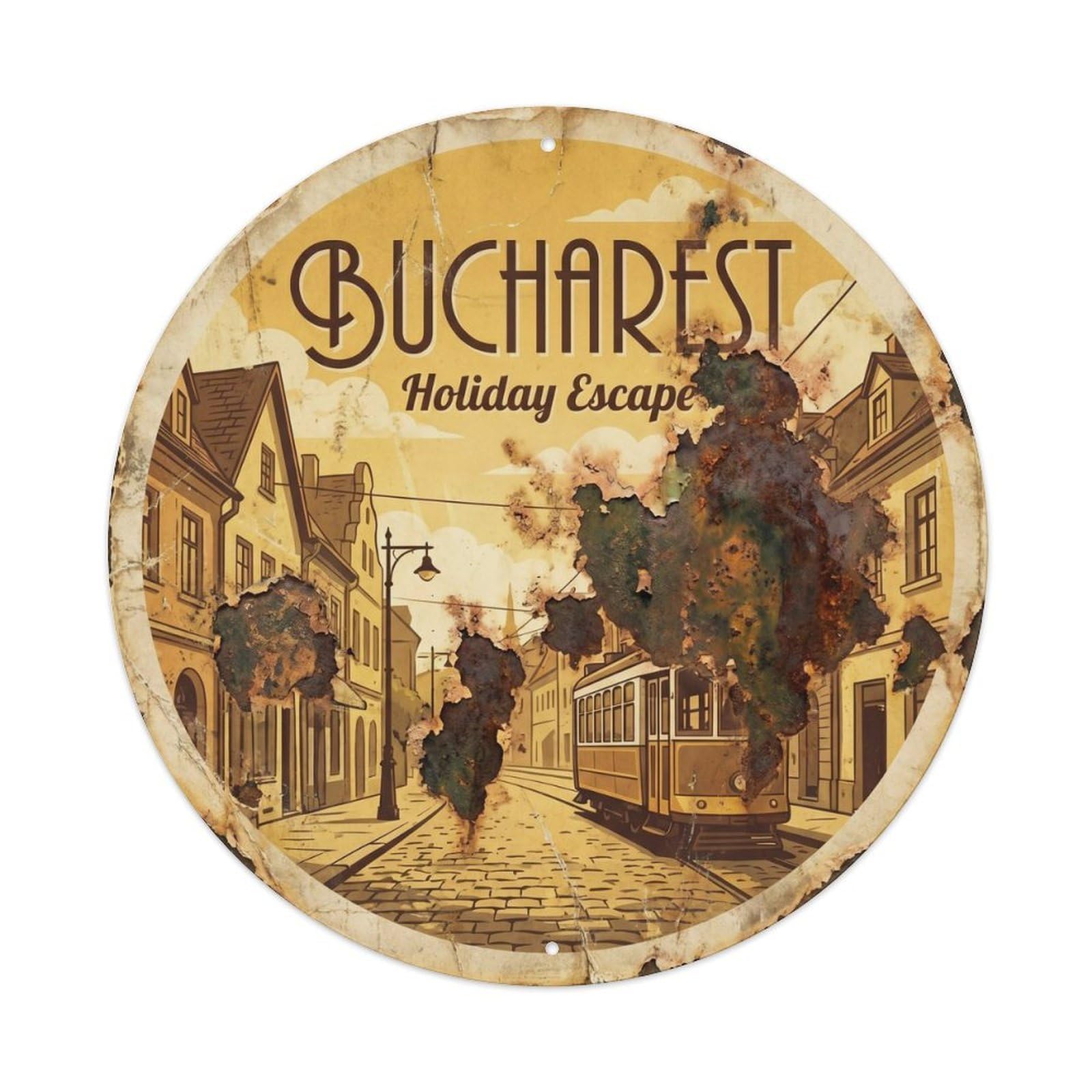 Vintage Travel Bucharest Oldtown Holiday Metal Tin Sign