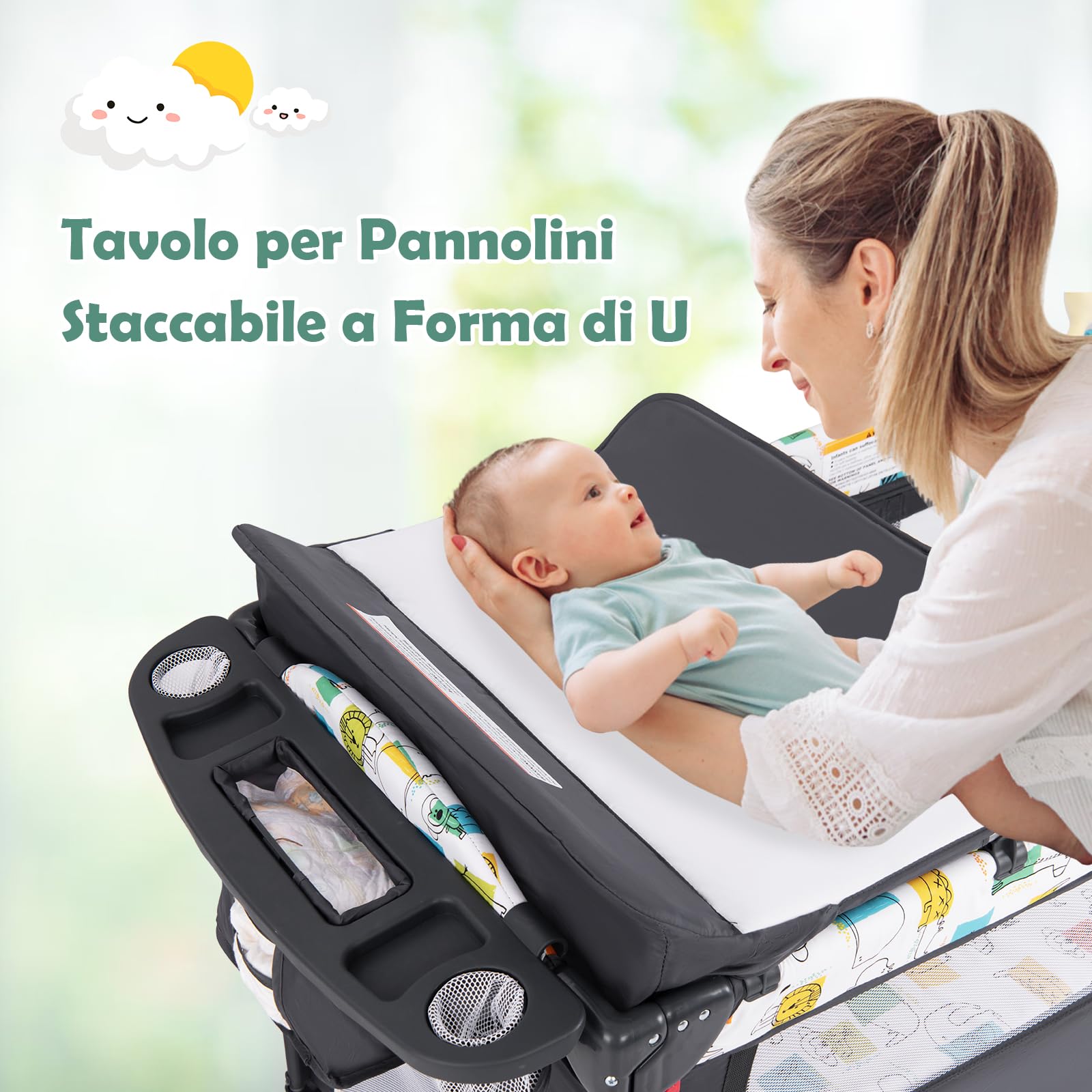 RELAX4LIFE 5 in 1 Lettino Neonato con Materasso, Culla da Campeggio con Fasciatoio e Cintura di Fissaggio, Altezza Regolabile in 4 Livelli, Adatto a Bambini da 0 a 36 Mesi,125 x 66 x 78 cm (Grigio)