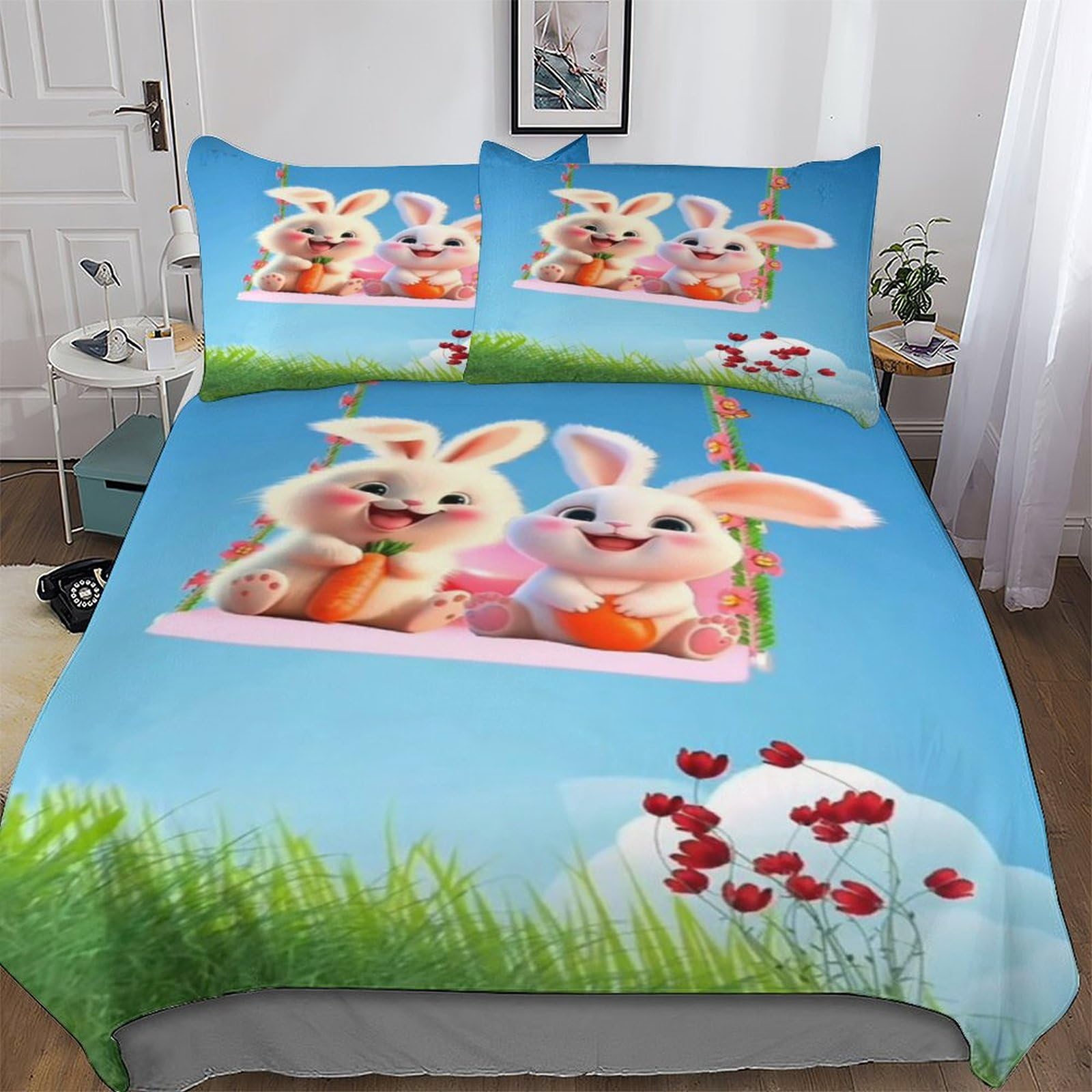 Housse de couette lapin 220x240 hypoallergénique avec fermeture éclair taies