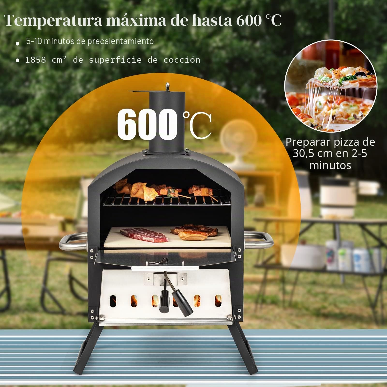 GYMAX Horno de Pizza Portátil con Patas y Asas Plegables, Parrilla de Pellets de Madera, Diseño de 2 Capas y Orificios de Ventilación Ajustables con Piedra para Pizza