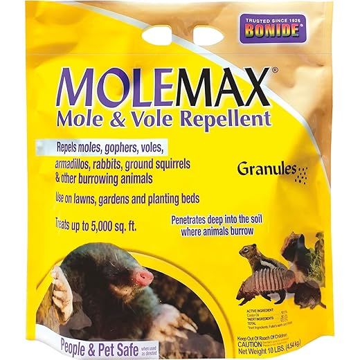 Bonide MOLEMAX Mole & Vole Repellent Granules, 10 lbs. Ready-to-Use, Outdoor Lawn & Garden Mole Control, People & Pet Safe