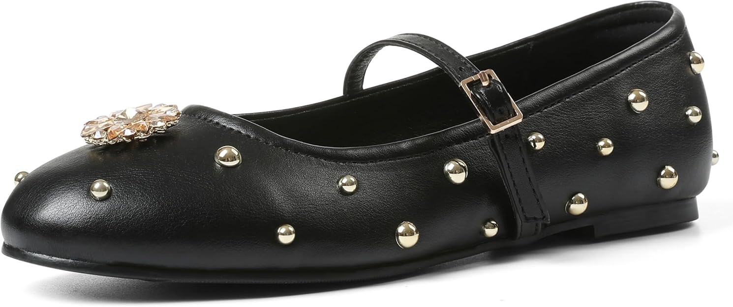 Mesh Ballet Flats for Women Crystal Rhinestone Mary Jane Shoes Comfortable Round Toe Ballerina Flats with Stretch Strap Trendy
