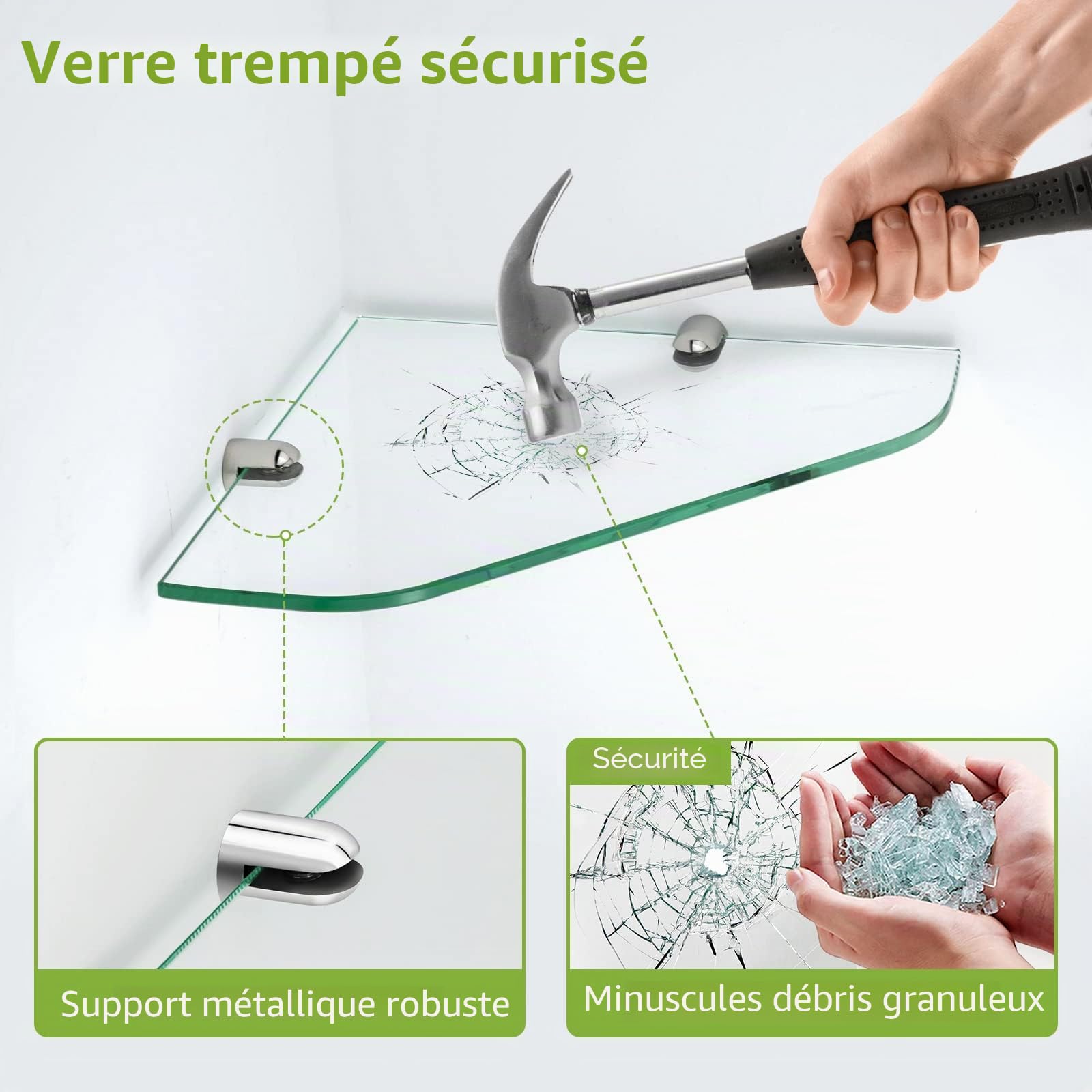 S'AFIELINA Étagères Salle de Bain en Verre trempé 6 mm,Étagère d'angle pour Salle de Bain,23 x 23 cm,Capacité de Poids 10kg (1 pièce)
