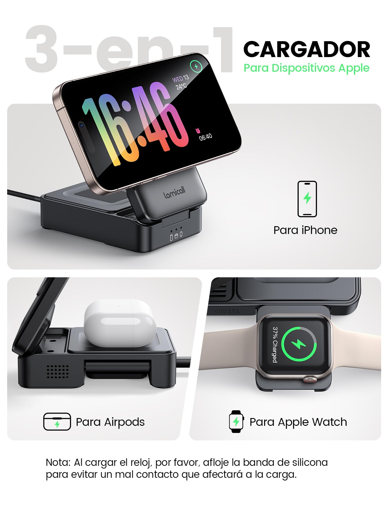 Lamicall 3-EN-1 Cargador Inalambrico - [Plegable] Cargador para MagSafe, Base Charger con Soporte, Wireless Charger Rapida Compatible con iPhone Serie 17/16/15/14/13/12, AirPods 2/3/Pro & Apple Watch