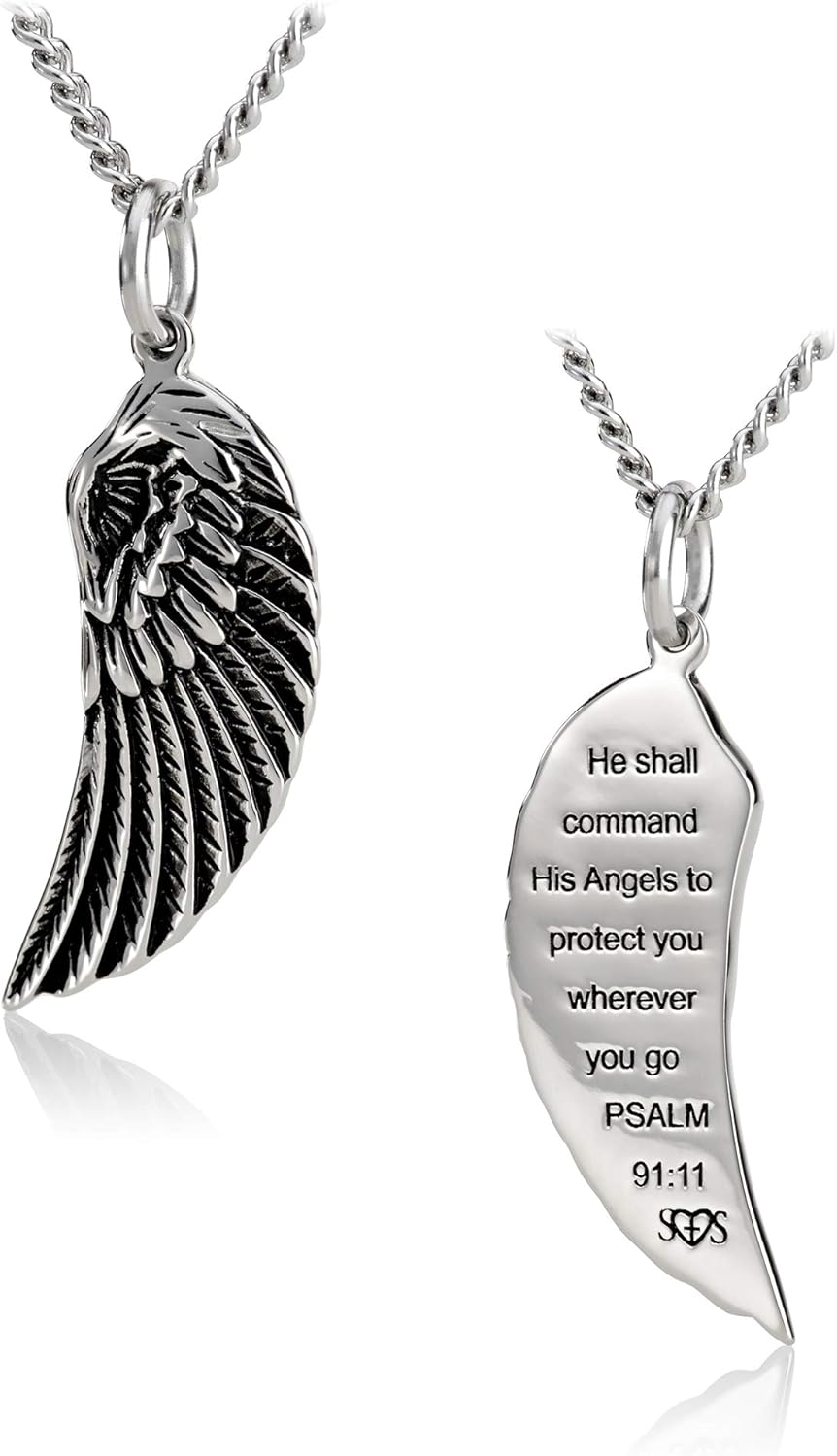 Shields of Strength Women's Mini Angel Wing Necklace with Psalm 91:11 Bible Verse, Stainless Steel, 16-24" Chain, Religious Faith Gift