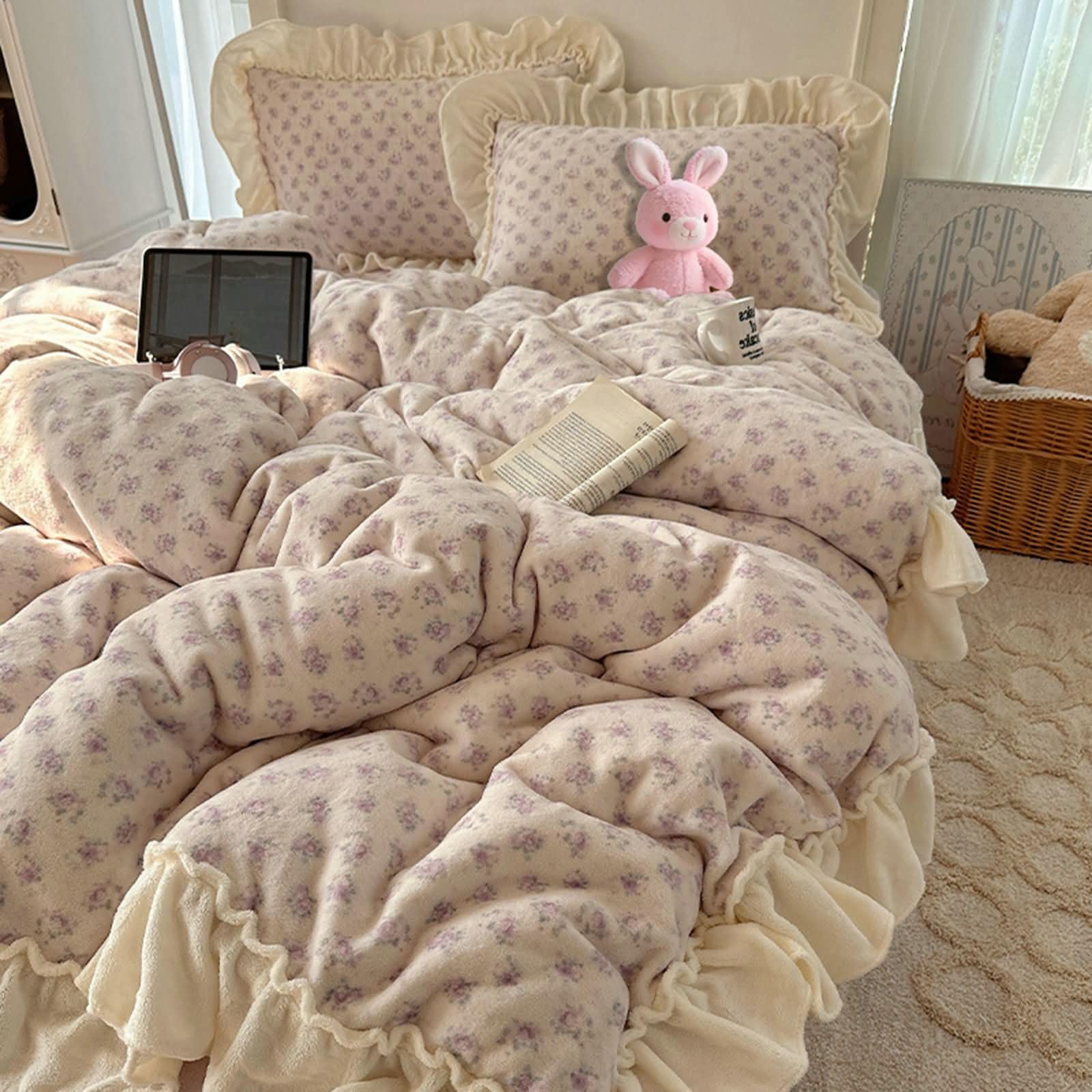 4-częściowy zestaw pościeli, poszwa na kołdrę 200 x 230 cm, prześcieradło z gumką 150 x 200 cm i 2 poszewki na poduszkę, wzór kwiatowy z falbankami, miękki aksamit, różowo-fioletowy
