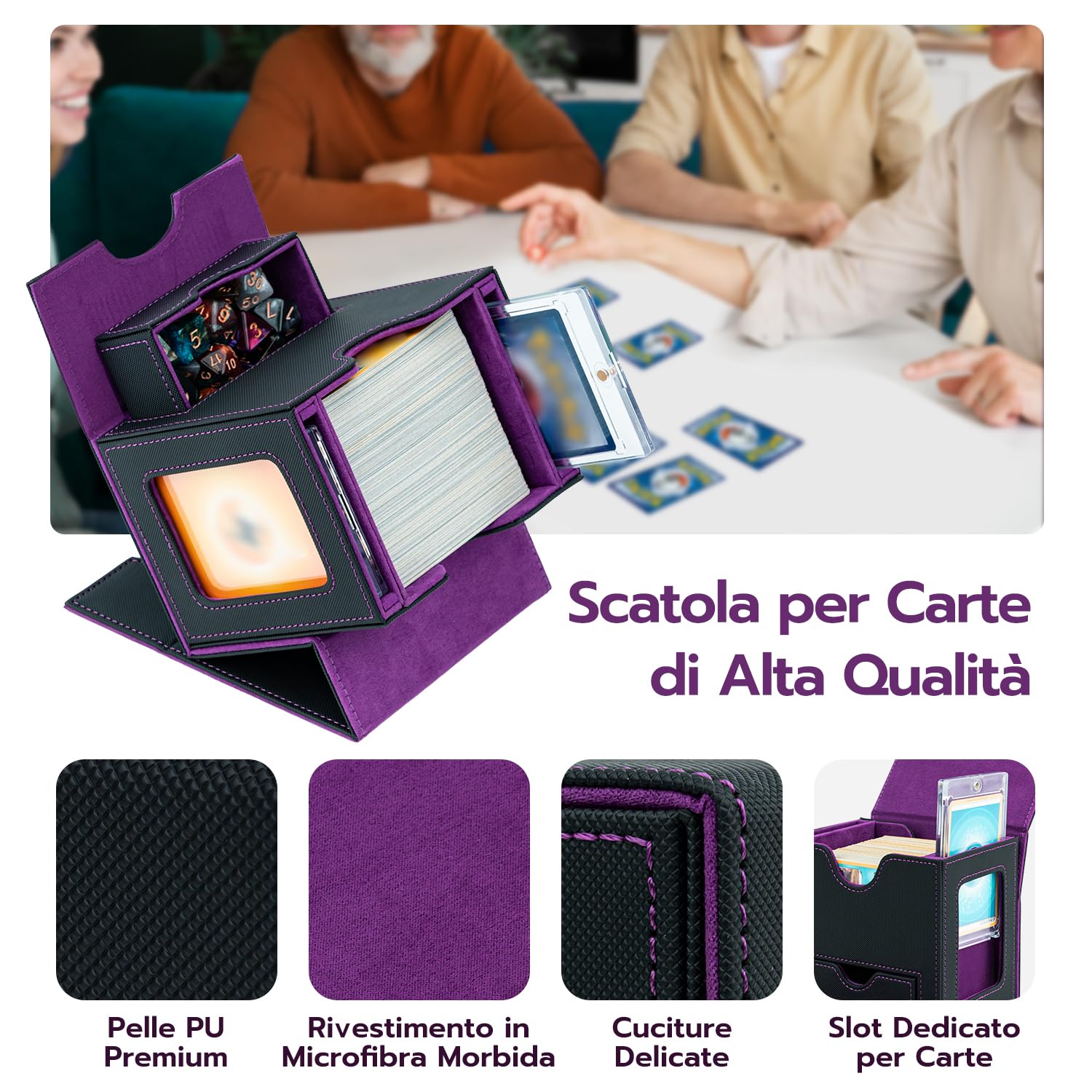 Commander Deck Box Porta Mazzo per MTG mit 2 Visualizzare Commander, Capacità 180+New Carte Senza Maniche con 1 Dice Tray,Magnetic Deck Box per Scatola di Carte Collezione Magic TCG-Nero Viola