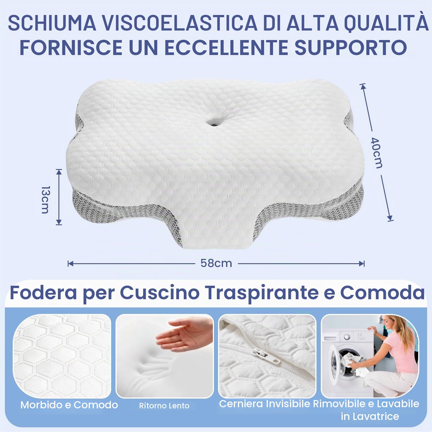 Cuscino Cervicale per Dormire - Cuscino Ortopedico in Memory Foam, Ergonomico, Supporto Collo Fianco/Schiena, Federa Sfoderabile e Lavabile, 58×40×13/10 cm (Cream)