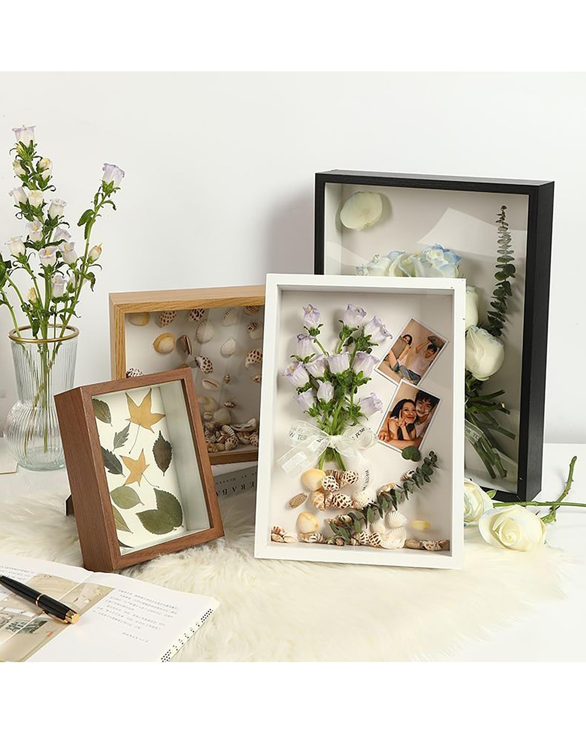 Marco de fotos 3D para rellenar, 20 x 29 cm, marco de madera de hasta 3 cm, para regalo de boda o flores, obras de arte DIY (blanco, 20 cm x 29 cm)