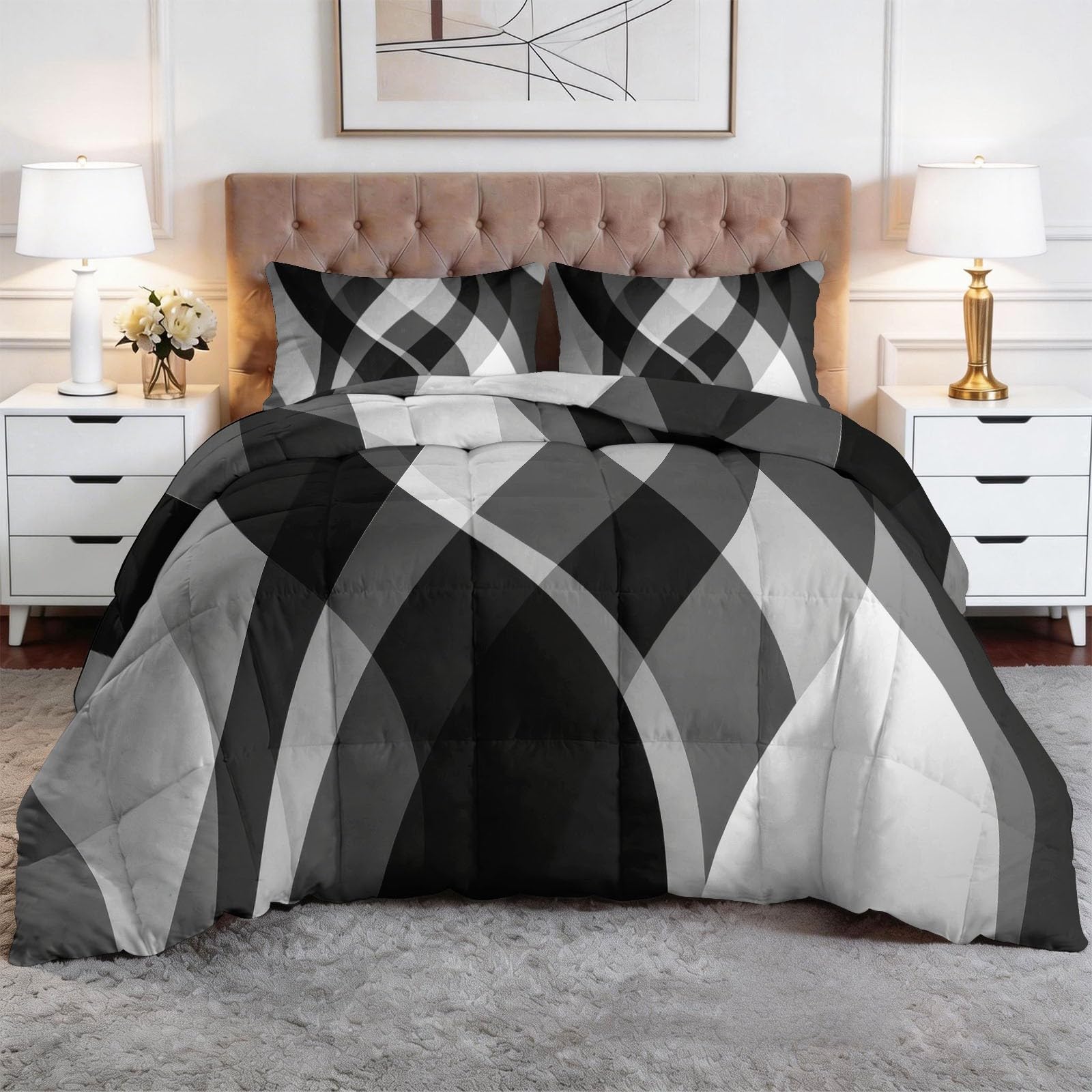 Podwójna kołdra bez pokrowca 200 x 200 cm, 7,5 Tog, abstrakcyjna, geometryczna, czarno-białe linie, dwustronna, pikowana pościel z 2 poszewkami na poduszki, lekki kolor, miękka i oddychająca, można