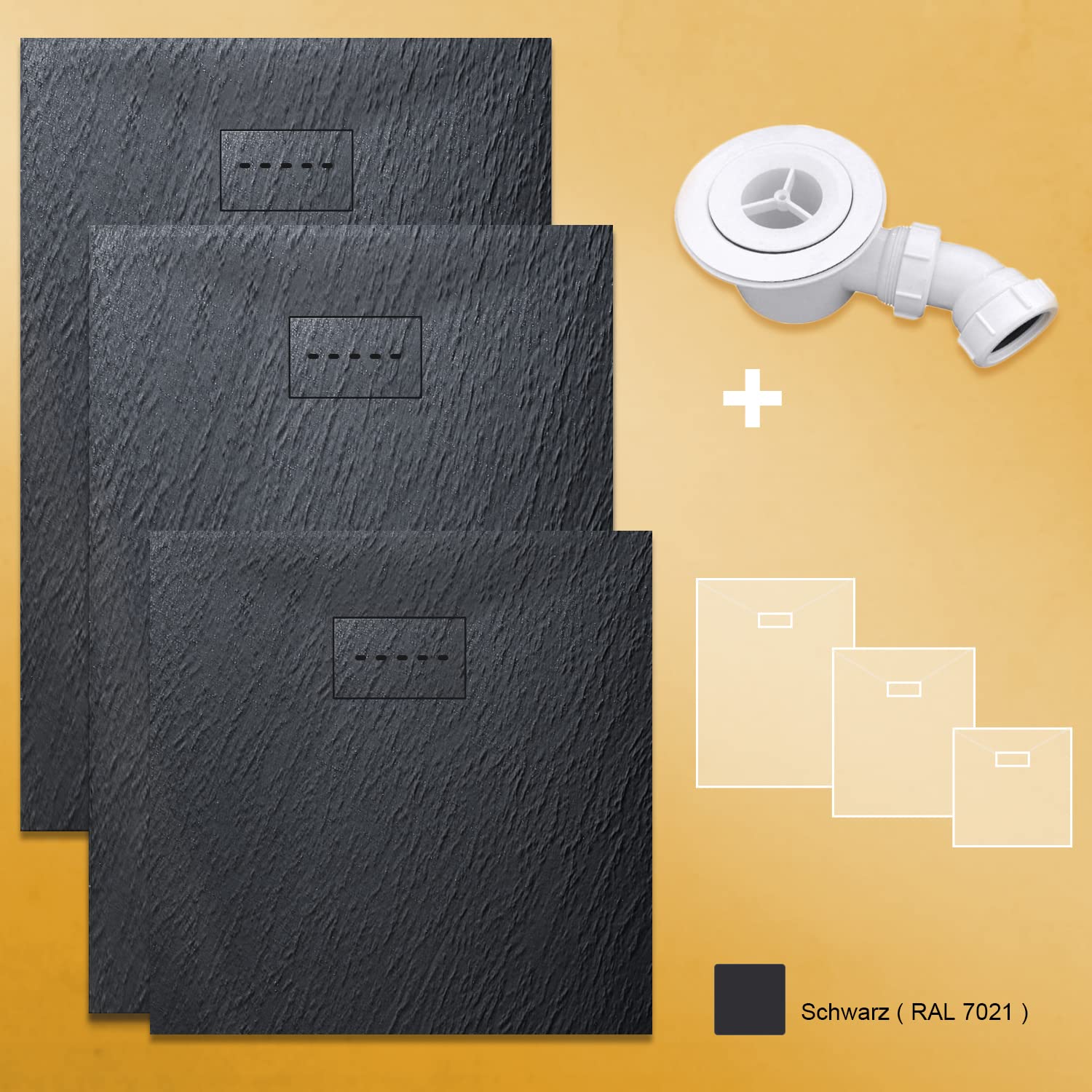 SMC Plato de ducha 120 x 90 cm, ‎Negro con sifón, plano, estructura antideslizante | Incluye desagüe de 90 mm de diámetro, plato de ducha plano, diseño especial para un desagüe oculto