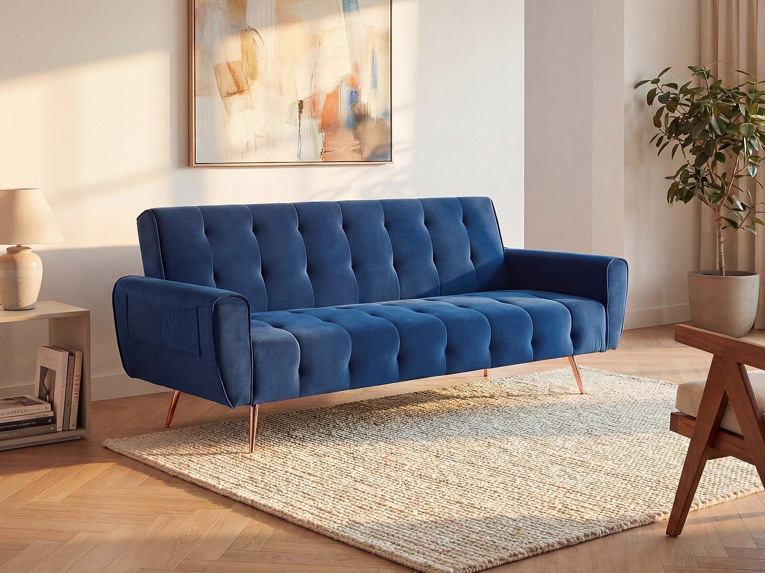 Vente-unique Canapé 3 Places Convertible clic-clac en Velours POLANI - Bleu Nuit