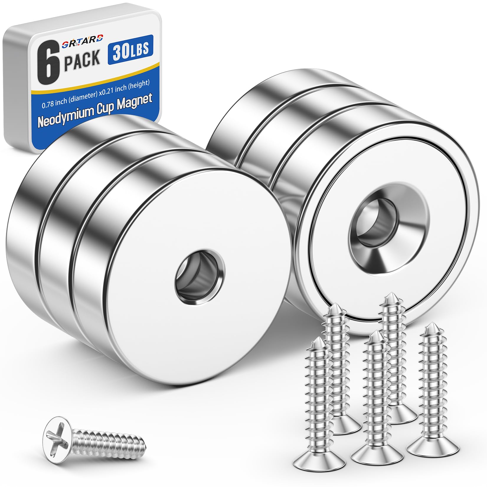 Photo 1 of Grtard 4 Pack Neodymium Cup Magnets, 30LBS Holding Force Strong Rare Earth Magnets with Heavy Duty Countersunk Hole and Stainless Screws for Refrigerator, Tool Room, Science, Craft, Office and Garage