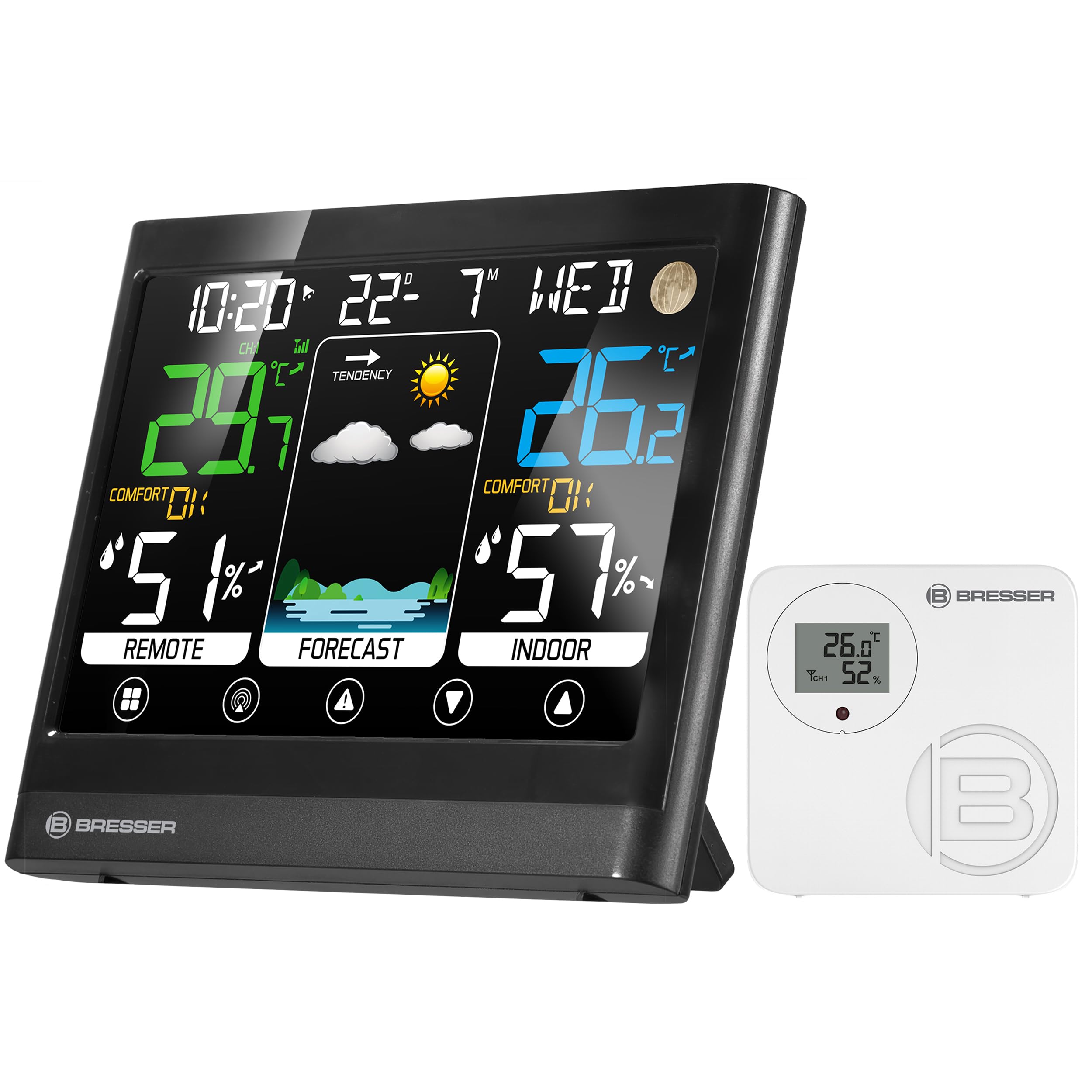 Bresser MeteoTemp BF Station météo sans fil avec écran tactile, capteur extérieur sans fil, pression atmosphérique, prévisions météo, indicateur de température ambiante, température, humidité et