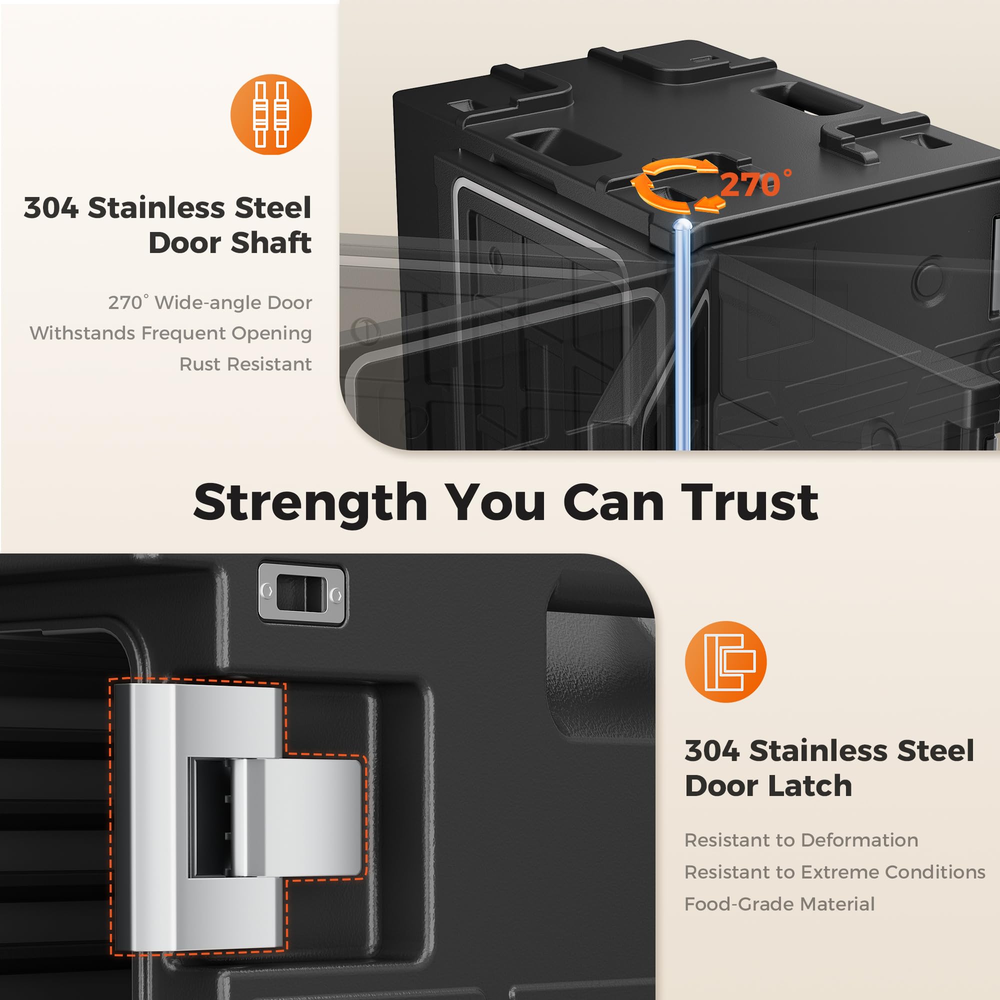 82QT Hot Box Food Warmer with Wheels, 304 Stainless Steel Latch & Door Shaft, LLDPE Insulated Food Carrier for 5 Full-Size Pans (NOT Included), Food Warmer Box, Stackable Hot Boxes for Catering