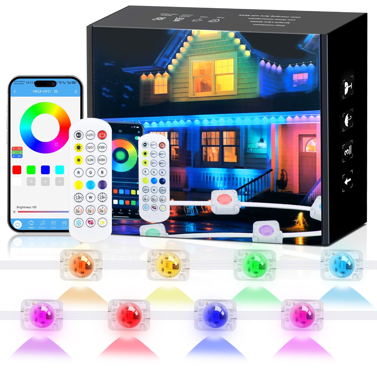 KISUFU 24V RGBCCT WS2811 Outdoor RGB Eave Lamps with App Remote Control, Scene Modes DIY IP67 Close Outdoor Under Canopy Lighting, Outdoor Light for Outdoor Decoration