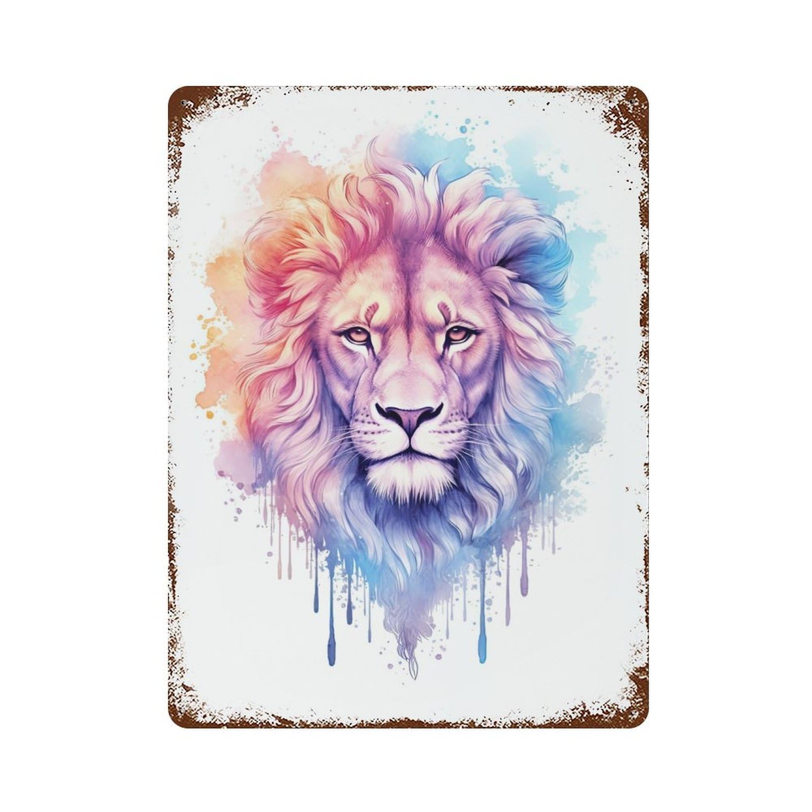 Rustic Tin Plaque with Watercolor Lion Painting Design 15.7"x11.8", for Cafe, Home Bar And Lounge Decor, Industrial Home Decor