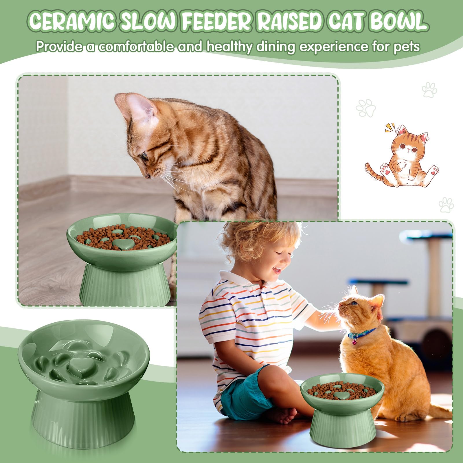 Tioncy Gamelle surélevée en céramique pour chat - Anti-vomissement - Pour nourriture sèche et humide - Facile à nettoyer - Bord haut - Pour chats, petits chiens, chatons, maison, lave-vaisselle - Vert